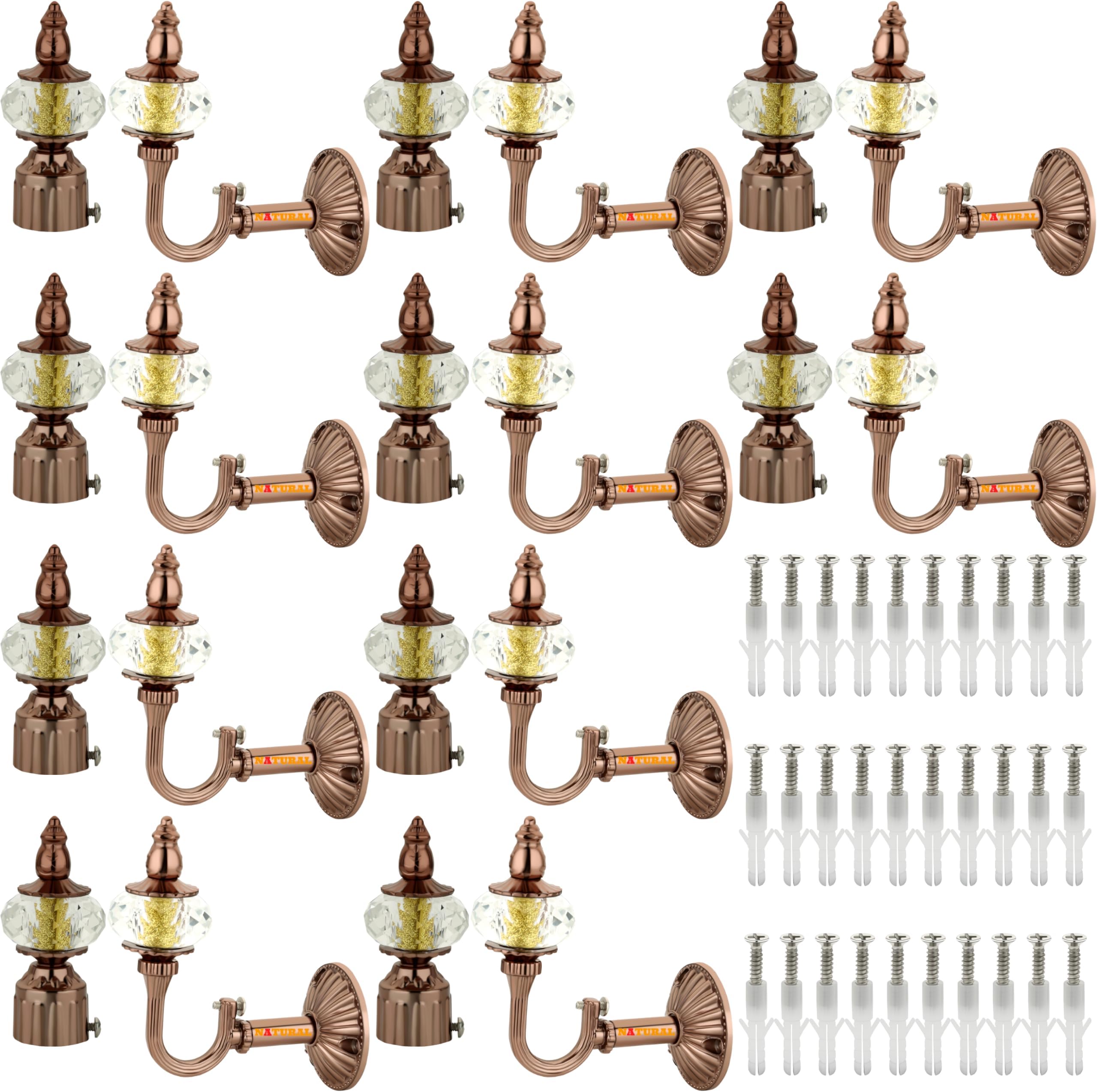 NATURAL Heavy Duty Aluminum Royal Luxury Design Curtain Bracket/Finial and Curtain Support with Screw/Wallplug for Window & Door Curtain Fittings Suitable Upto 1 Inch Pipe. (10 Set, Rose Gold)