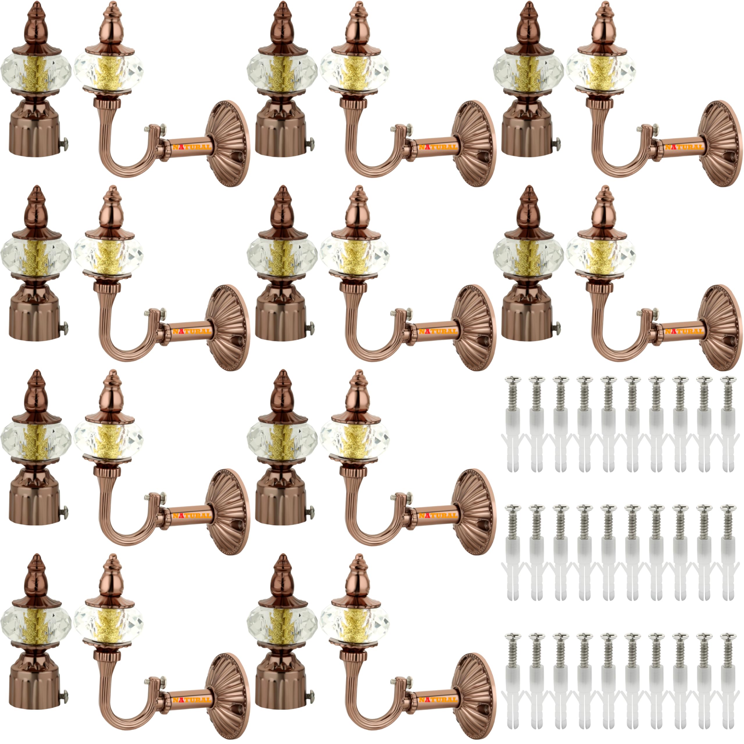 NATURAL Heavy Duty Aluminum Royal Luxury Design Curtain Bracket/Finial and Curtain Support with Screw/Wallplug for Window & Door Curtain Fittings Suitable Upto 1 Inch Pipe. (10 Set, Rose Gold)
