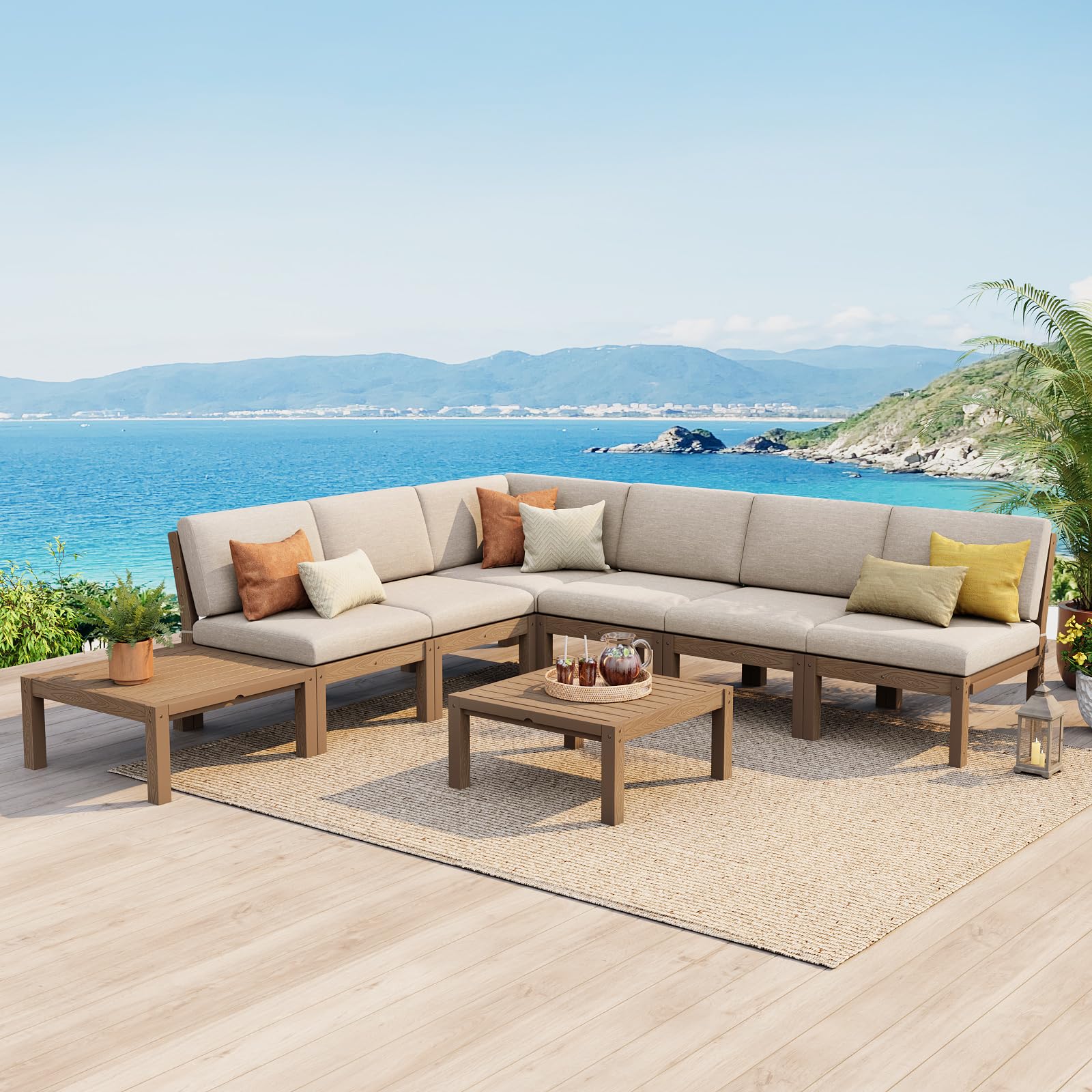 Stoog Modular Patio Furniture Set, 8-Piece All-Weather Convertible L-Shape Outdoor Sectional - Waterproof HIPS Frame with Quick-Dry Olefin Cushions, Teak
