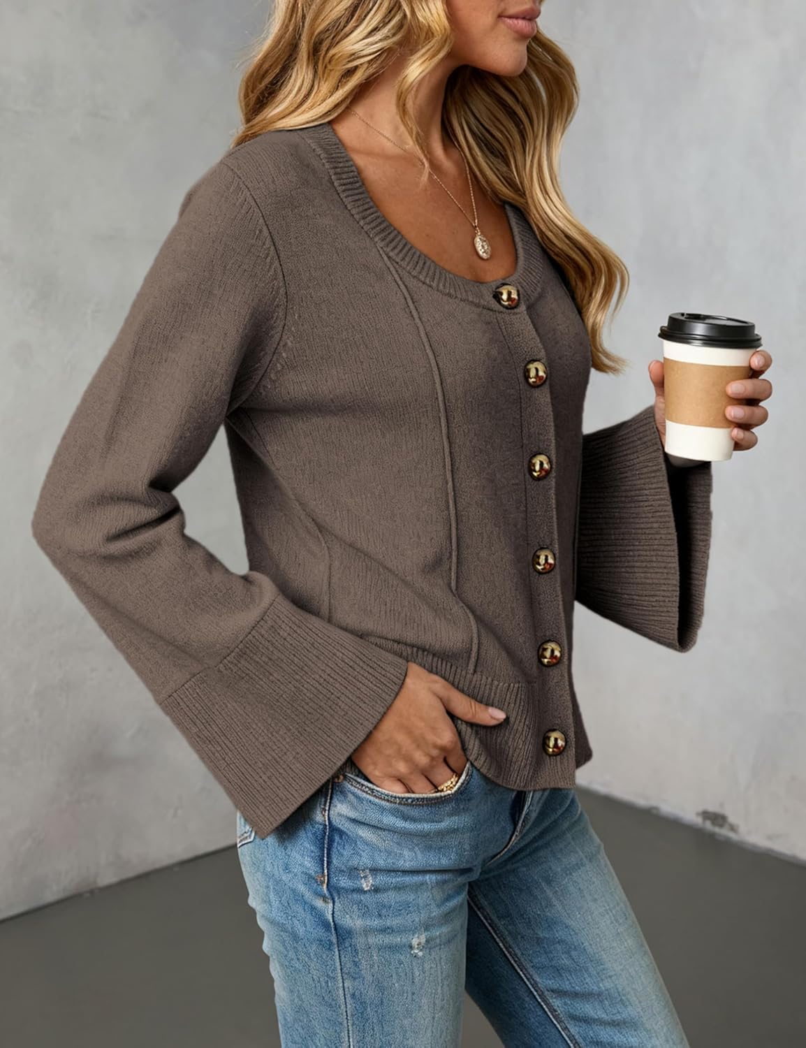 Women‘s Lightweight Cardigan Sweater Scoop Neck Bell Long Sleeve Button Down Open Front Tops - Image 2