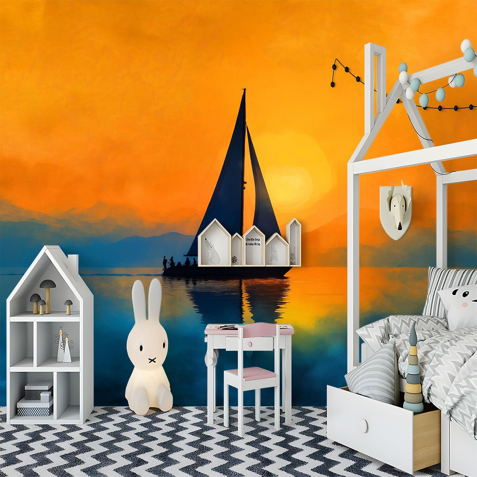 Tapeta 3D, fototapeta 3D, żaglówka, styl morski o zachodzie słońca, fototapeta, obraz ścienny, tapeta z motywem, tapeta z włókniny, nowoczesna tapeta ścienna, do sypialni, salonu, dekoracja, 250 x 175