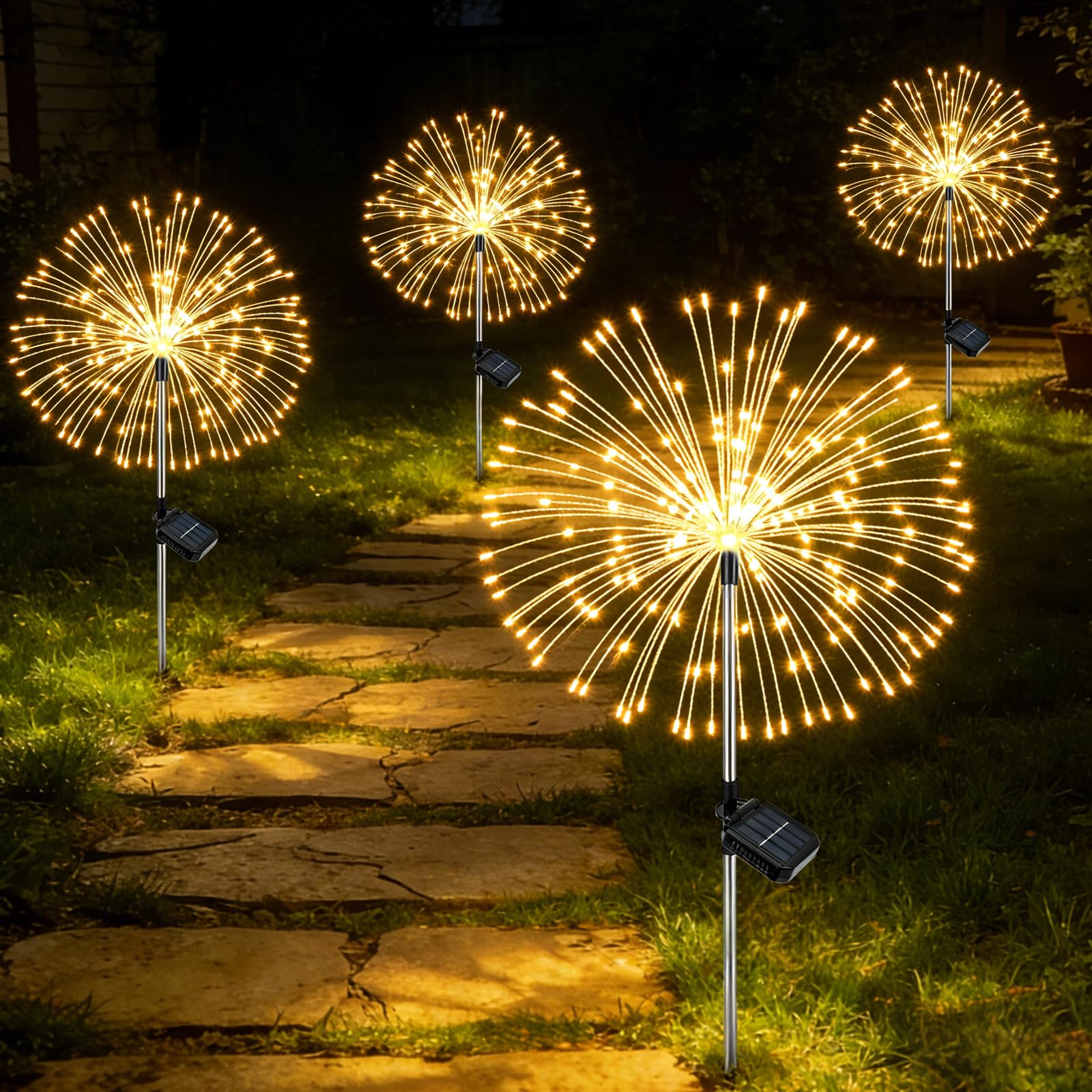 Solar Lights Outdoor Garden, Solar Firework Lights, 150 LEDs 8 Modes Waterproof Starburst Light , Dandelion Stake Light Landscape Lights for Yard Lawn Party Patio Wedding Decor(4 Packs, Warm White)