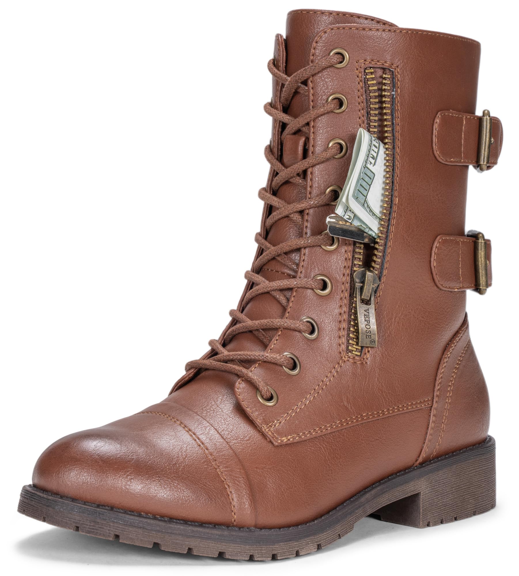 Vepose Womens Combat Boots Low Heel Mid Calf Military Boots with Card Knife Wallet Pocket
