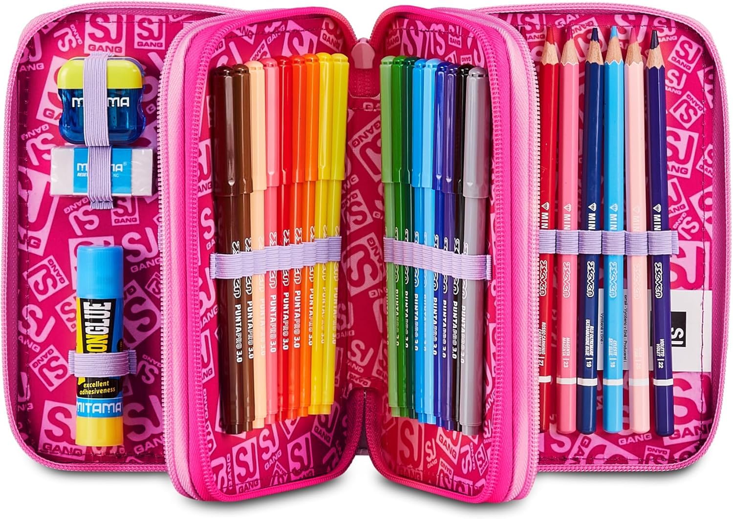 SJ GANG STYLE JAM GANG Zaino Scuola Advanced SOFT POUCH GIRL, Doppio Scomparto, Applicazione zainetto 3D su tasca frontale, Tasca laterale portaborraccia. CON ASTUCCIO 3 ZIP COMPLETO DI COLORI