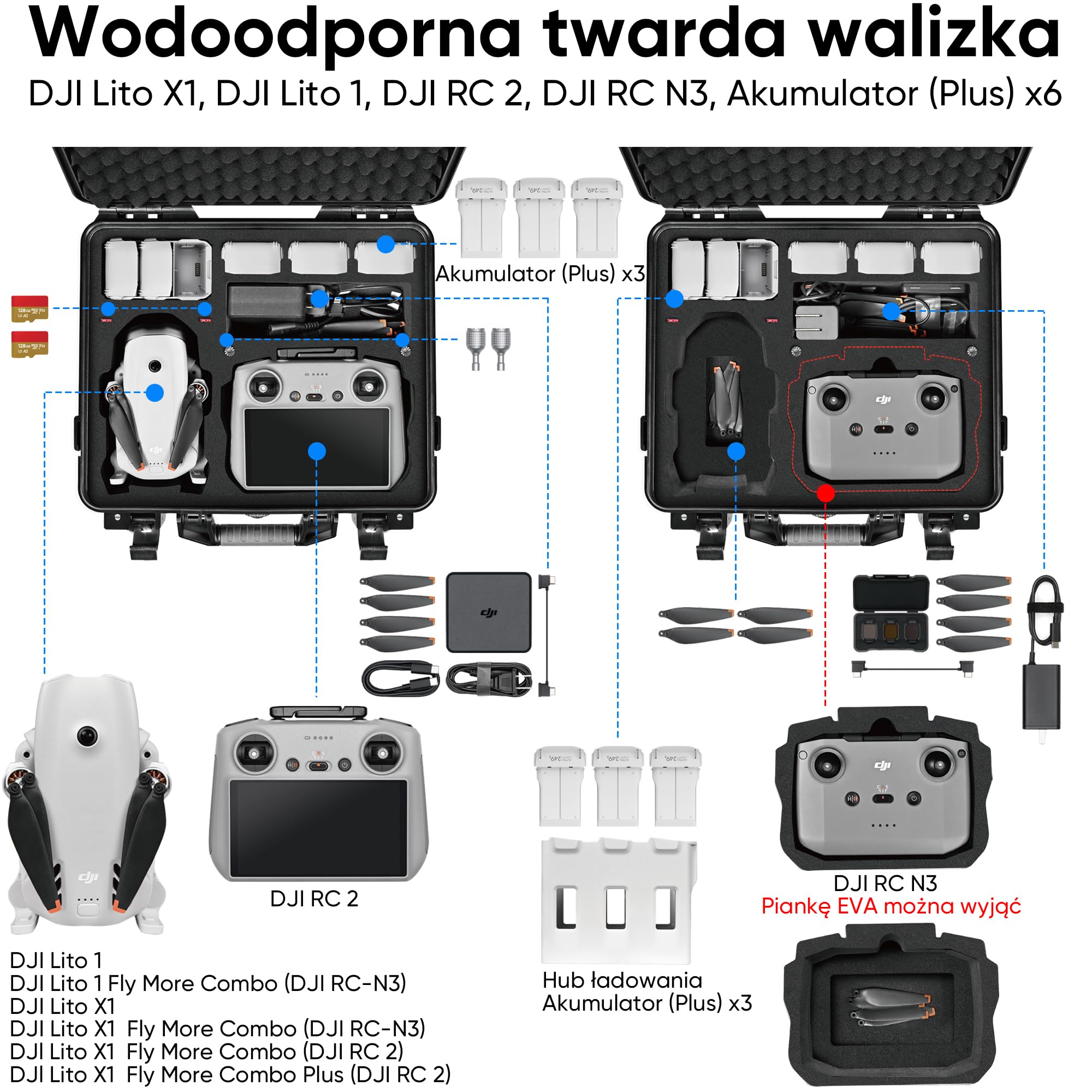 Lekufee Wodoodporna Twarda Walizka Transportowa dla DJI Lito X1, Lito 1 Drone, Fly More Combo, DJI RC 2/RC N3, Baterii (6 szt.), Stacji Ładującej i innych akcesoriów (tylko walizka)