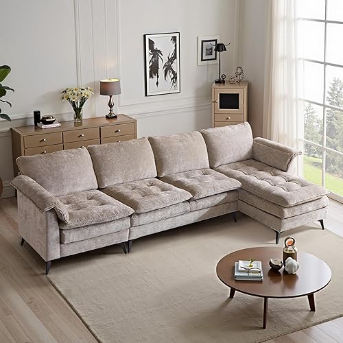 VINGLI 129" Reversible L-Shaped Sectional Sofa, Comfy Couch Set with Chaise, Cloud Couches with Lattice-Decored Seat Cushions & Double Pads for Living Room, Khaki