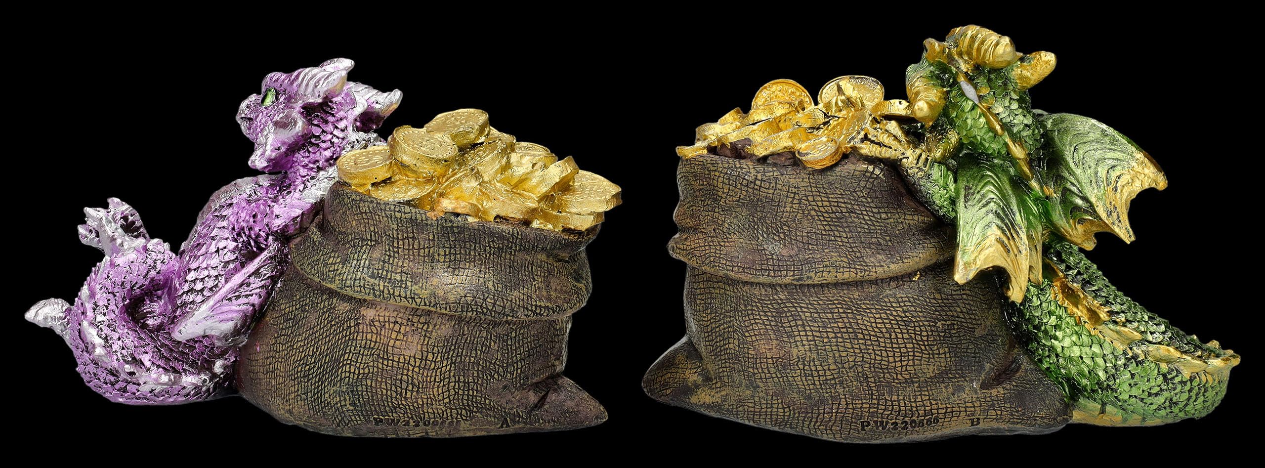 Figuren Shop GmbH Drachenfiguren als liebevolle Schatzhüter: 2er Set, Lila & Grüner Drache, Goldmünzen-Sack, 13 cm Breit