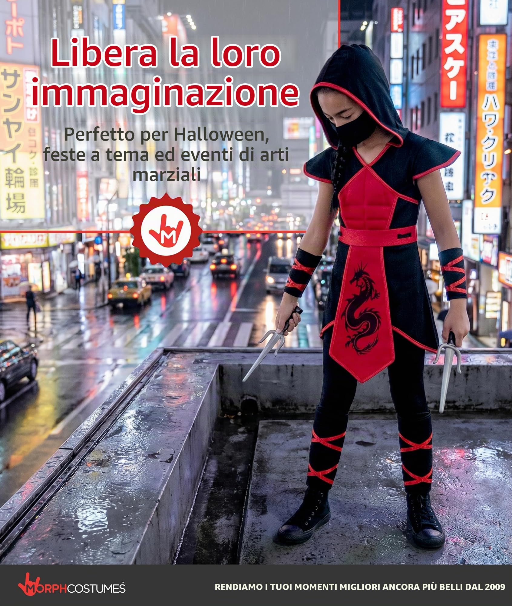 Morph Costume Ninja Bambino, Costume Halloween Bambino | Tunica con Cappuccio, Polsini, Maschera & Pugnali, Look da Ninja, Perfetto per Halloween, Ideale per il Gioco di Ruolo