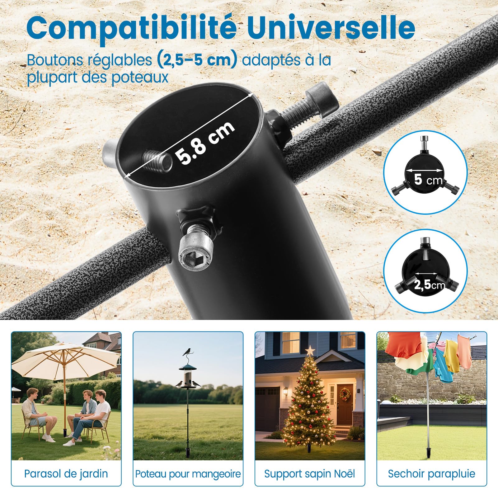 Robuste Pied Parasol et Ancrage Sechoir Parapluie, Piquet de Terre à Spirale 6 Tours pour Parasol de Plage, Jardin et Terrasse, Léger avec Boutons Réglables (2,5–5 Cm), Support Parasol Anti-vent