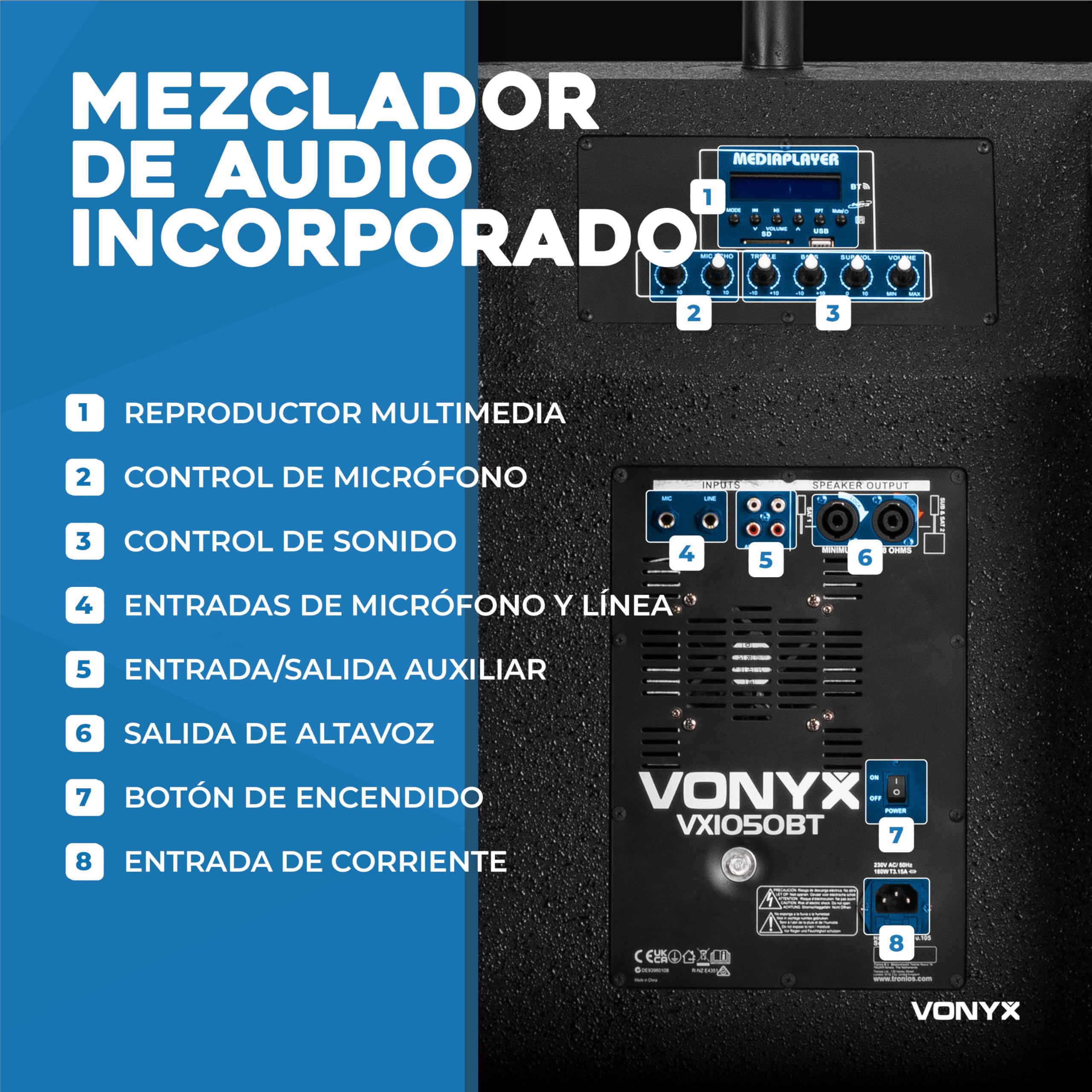 Vonyx VX1050BT – Sistema 2.2 Activo 1150W con Bluetooth, USB, SD, Doble subwoofer 12”, Micro, Trolley, Funda y Soportes, Equipo de Sonido Profesional para Eventos, Fiestas y DJ, Color Negro