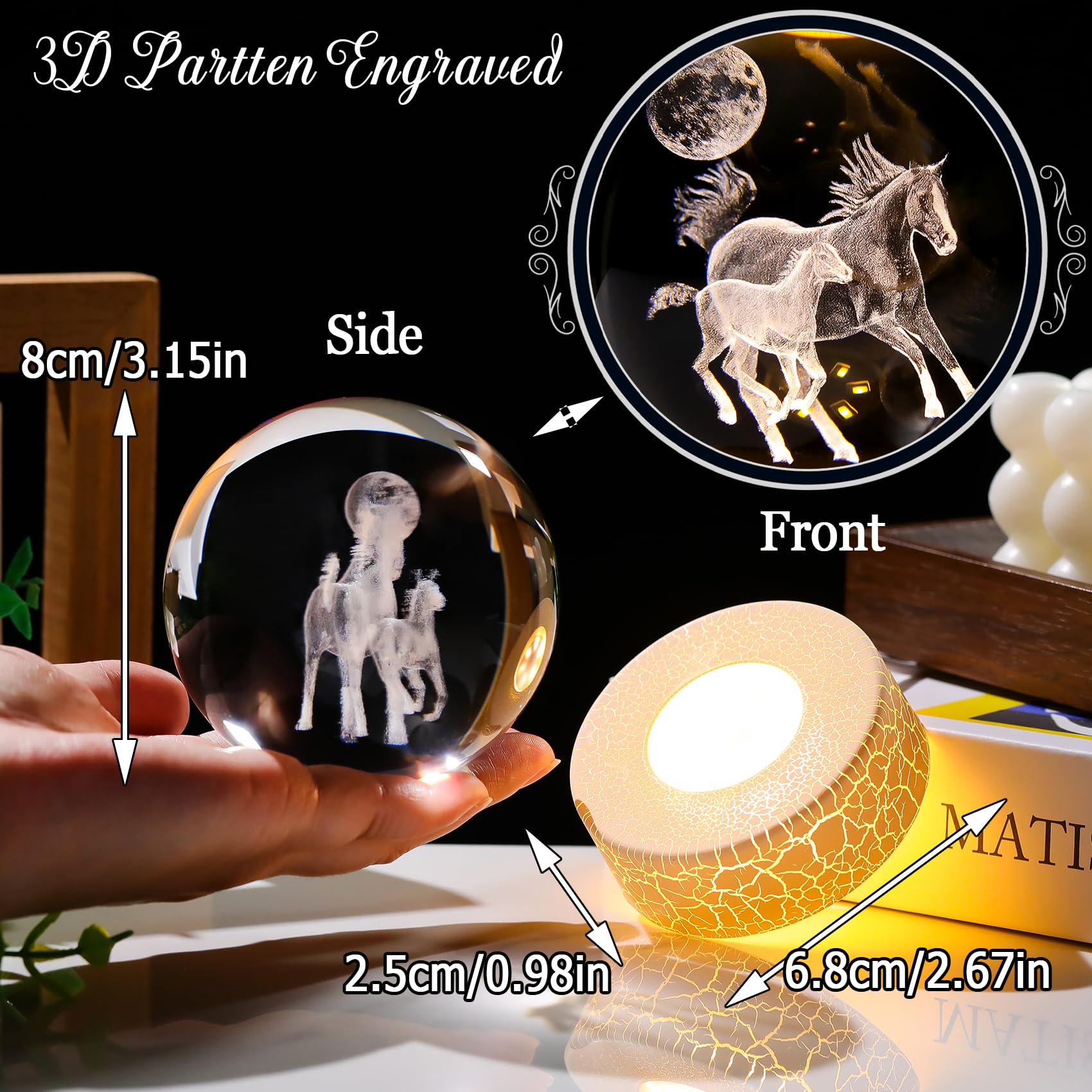 Arikyrist Horse Gifts for Girls Women 8cm/ 3.15" K9 Crystal Ball Engraved 3D Horses Figurine with LED Warm Light Stand - Image 3