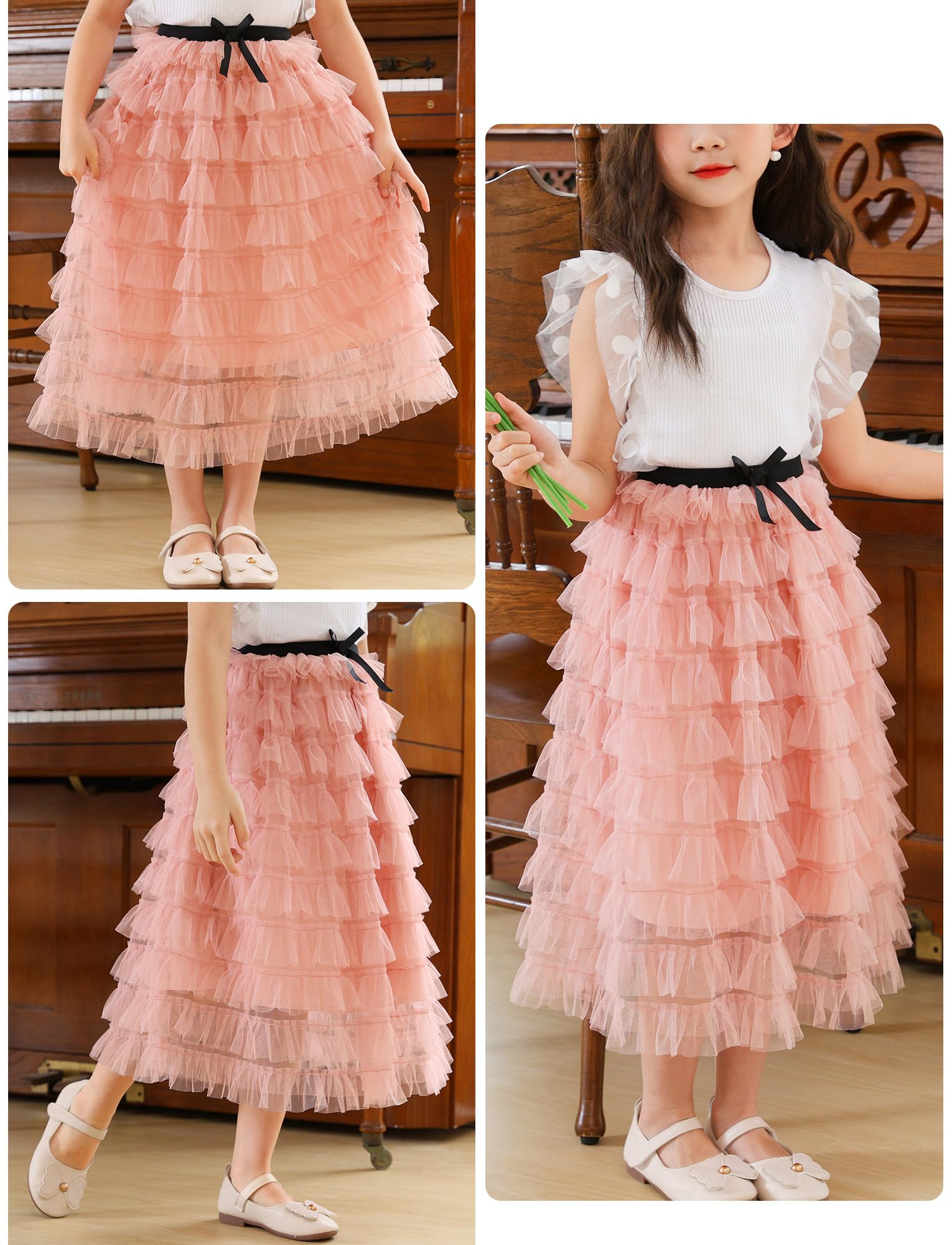 FEOYA Gonna tutù per bambine e ragazze, gonna in rete elasticizzata in vita, gonna in tulle al ginocchio, gonna lunga da principessa, per 4-14 anni