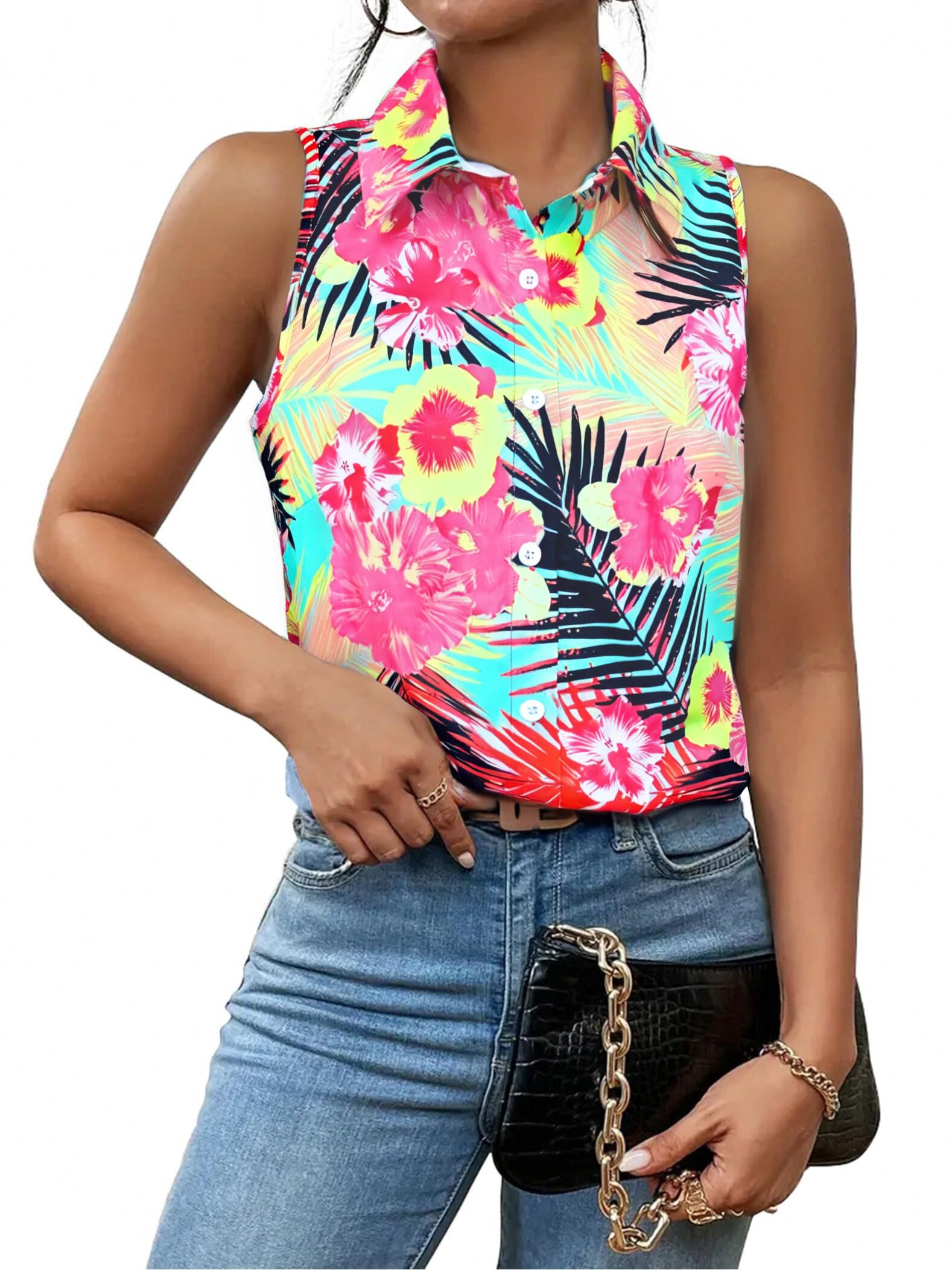 Hawaiian Shirts for Women Soft Cool Summer Hawaii Shirt Floral Tropic Print V Neck Tank Tops Beach Sleeveless Blouse