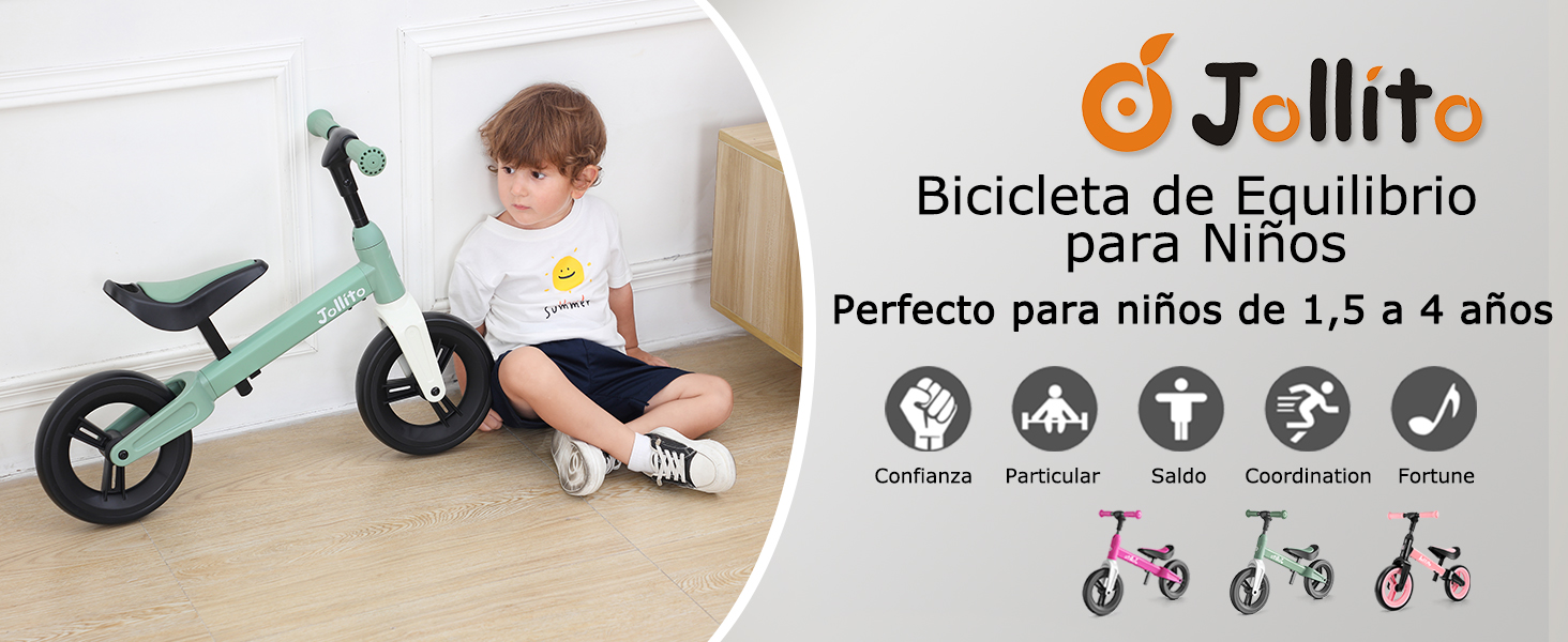 JOLLITO Bicicleta de equilibrio para niños pequeños, juguetes de paseo para niños de 18 meses, 2, 3, 4 años, bicicleta de entrenamiento ligera sin pedales, con rueda de 9 pulgadas y