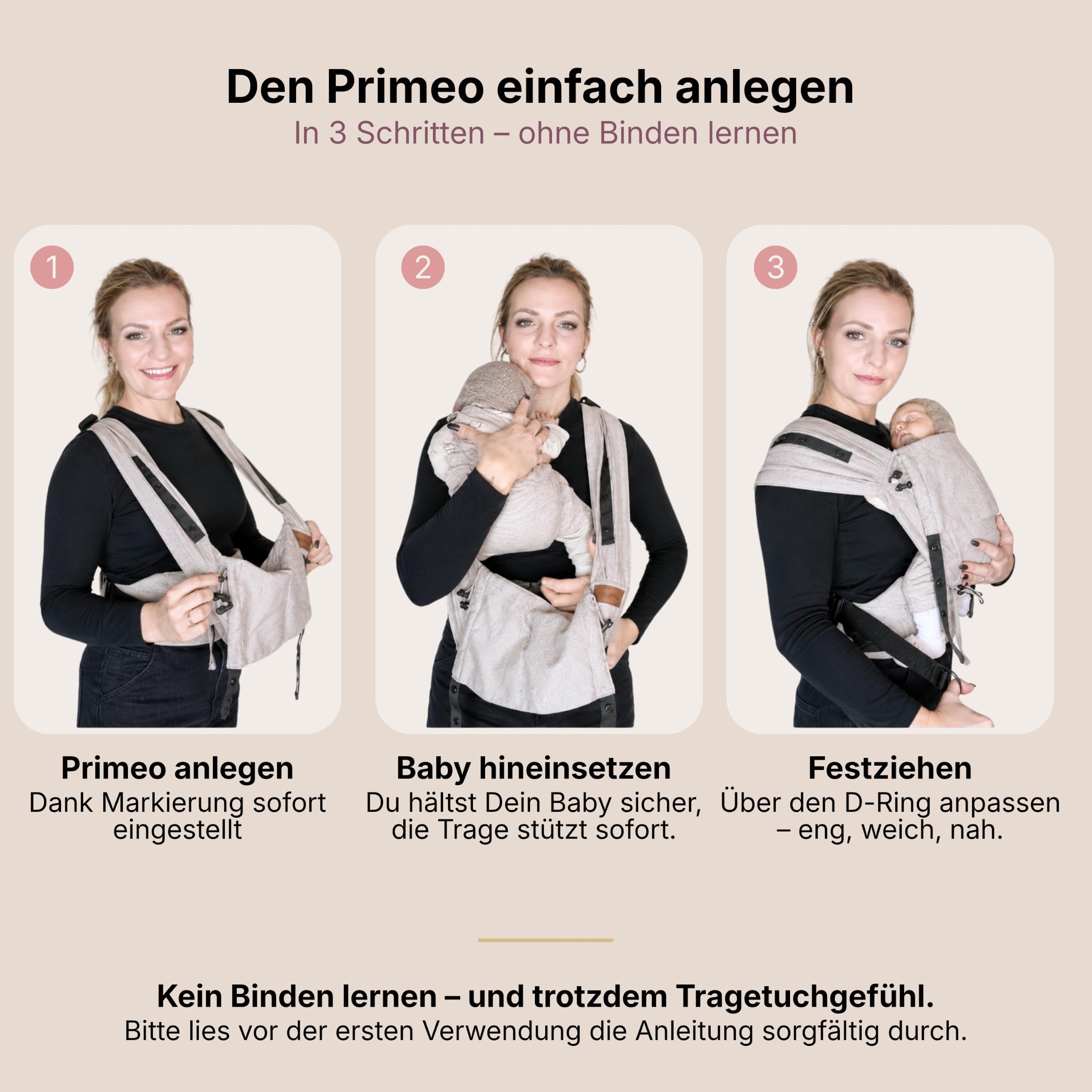 Hoppediz Porte-bébé Primeo Full-Buckle dès la naissance (2.5-15 kg), Porte-bébé ventral et dorsal, Taille Réglable, 100% coton bio, Design Grenada nature