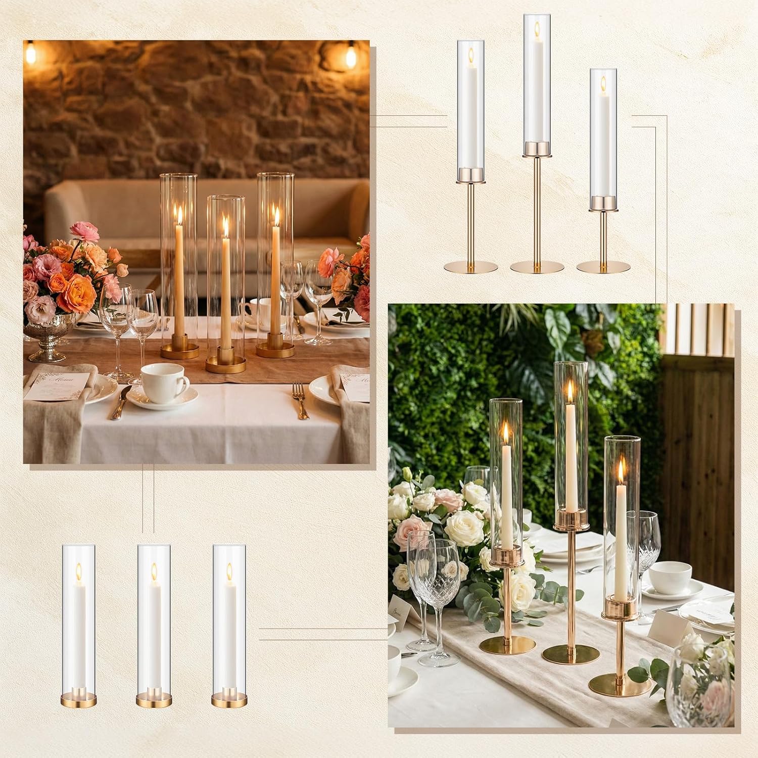 Meanplan 12 Pcs Gold Hurricane Candle Holders for Table Centerpiece, 4 Sizes Clear Tall Glass Cylinder Candle Holder Set, Wedding Table Decor, Metal Candlestick Holders for Party Dinner Decor