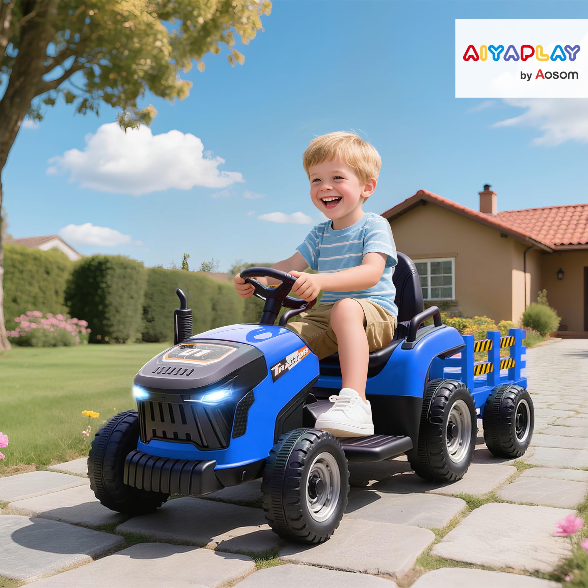 AIYAPLAY Tracteur électrique Enfants avec remorque amovible, Voiture électrique 6 pneus télécommande 2,4G LED Musique 3 Vitesses 3-8 Ans Bleu