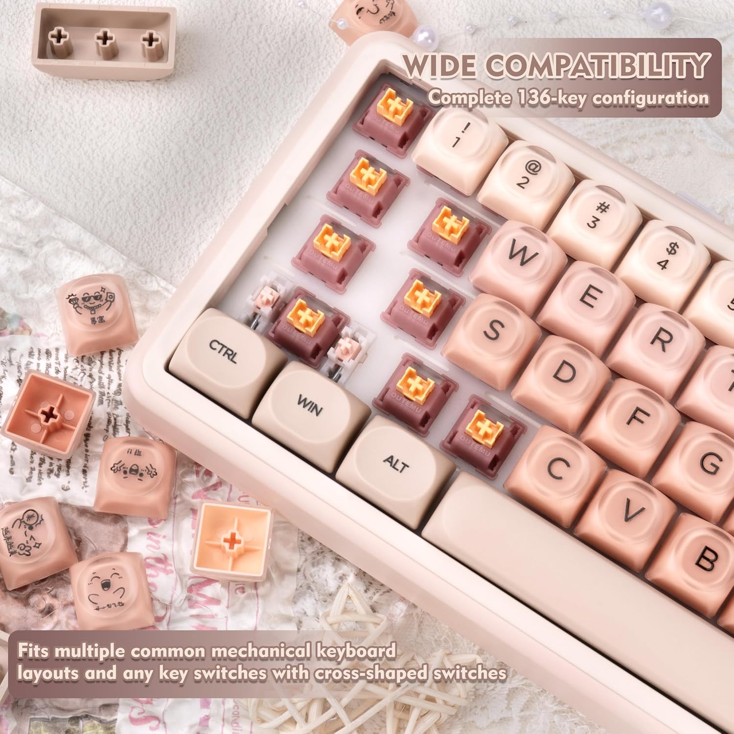 MOA Profile PBT Keycaps, Jelly Keycap Foundation 136 Keys Cute Pink Custom Keycaps for US Layout Cherry Gateron MX Swithes Mechanical Keyboards