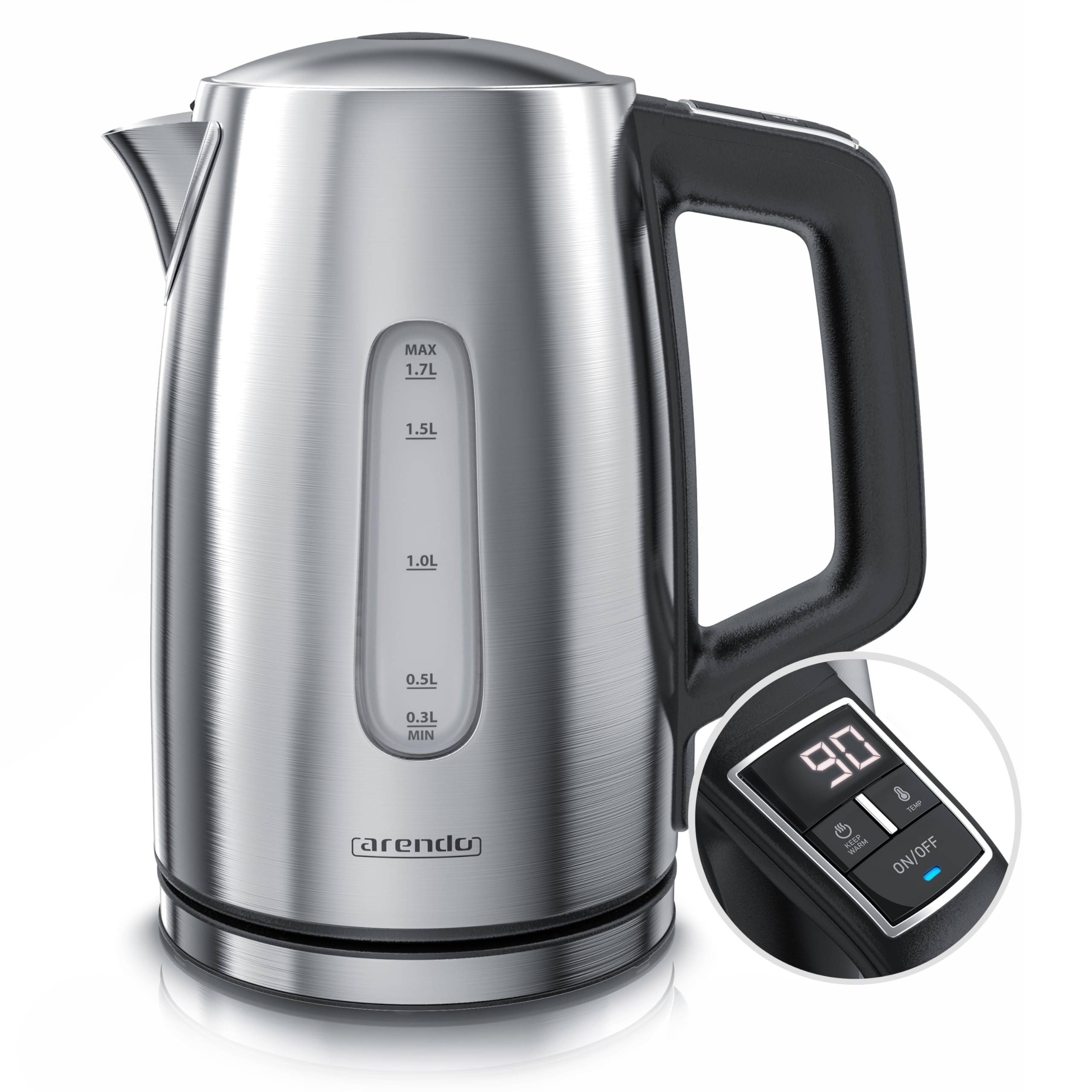 Arendo - Edelstahl Wasserkocher mit Temperatureinstellung - Temperaturauswahl 35°C bis 100°C – LED Display – Warmhaltefunktion Babymilch 40 Grad – One-Touch Deckelöffnung – Sichtfenster