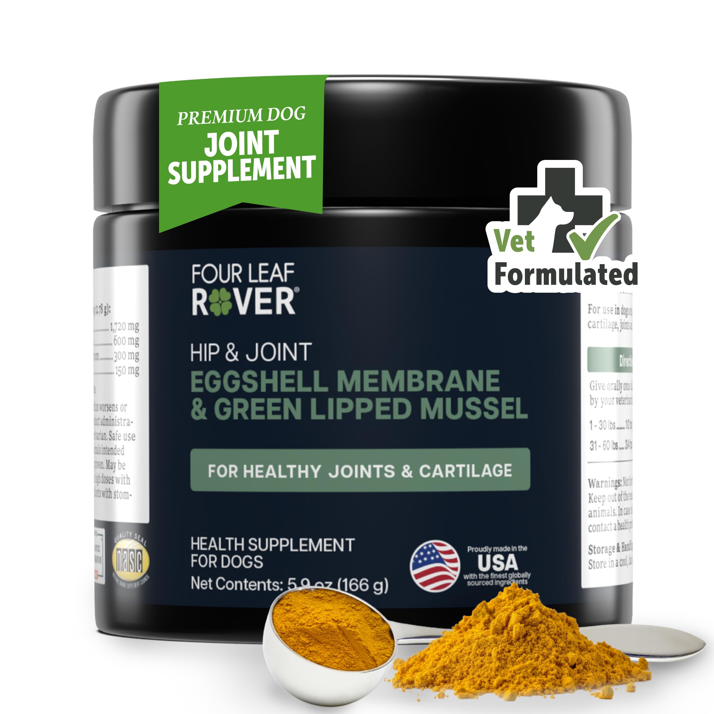 Hip & Joint - Joint Supplement for Dogs with Green Lipped Mussel, Eggshell Membrane and Curcumin - Veterinarian Formulated - 60 Day Large Dog Supply