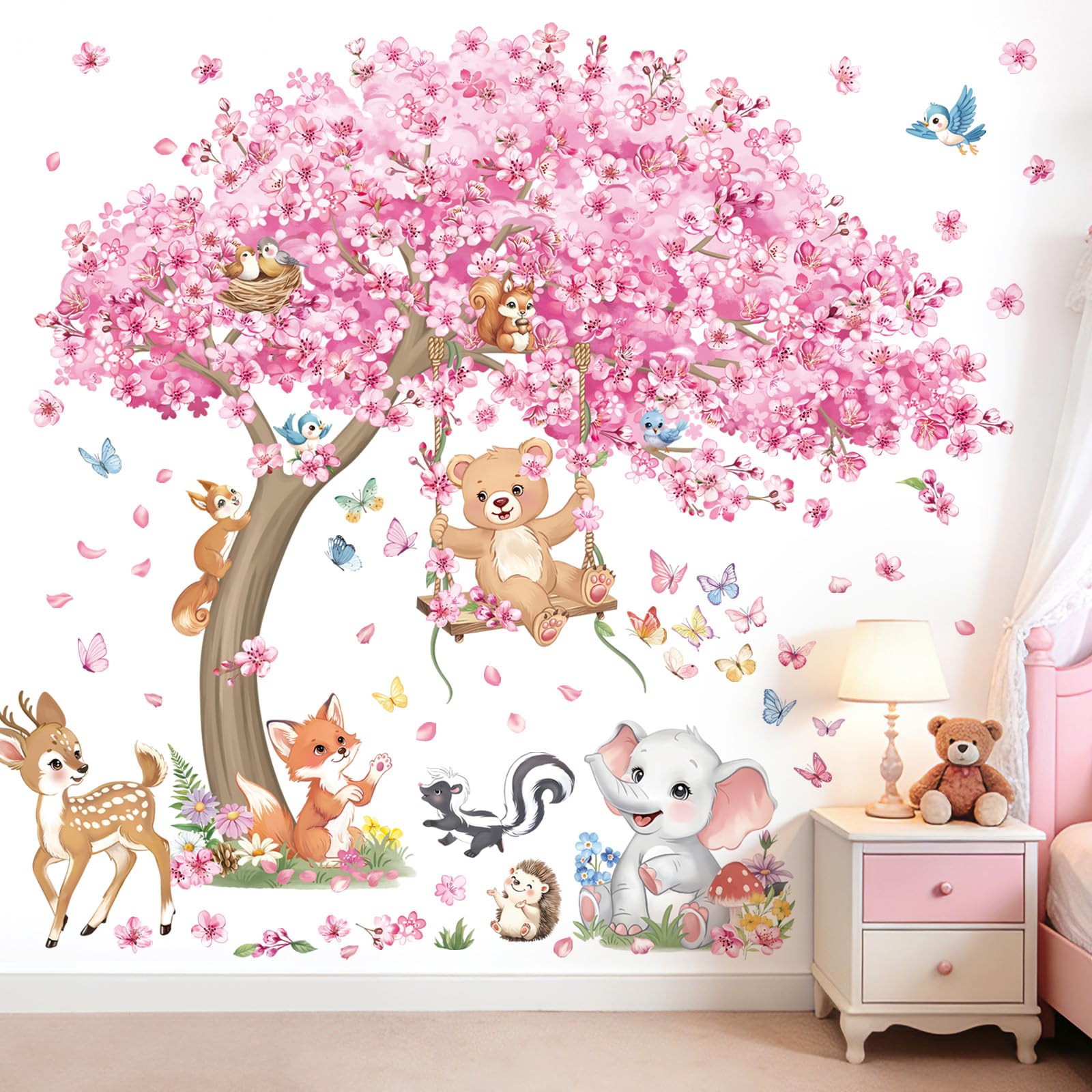 decalmile Stickers Muraux Animaux Bois Arbre Fleur de Cerisier Grand Autocollant Mural Animaux Forêt Cerf Renard Fleurs Rose Décoration Murale Bébé Fille Chambre Enfants Pépinière