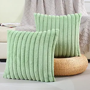 FUTEI Sage Green Striped Decorative Throw Pillow Covers 14x14 Inch Set of 2,Square Fall Decorations Couch Pillow Case,Soft Cozy Faux Rabbit Fur & Velvet Back,Modern Home Decor for Bed