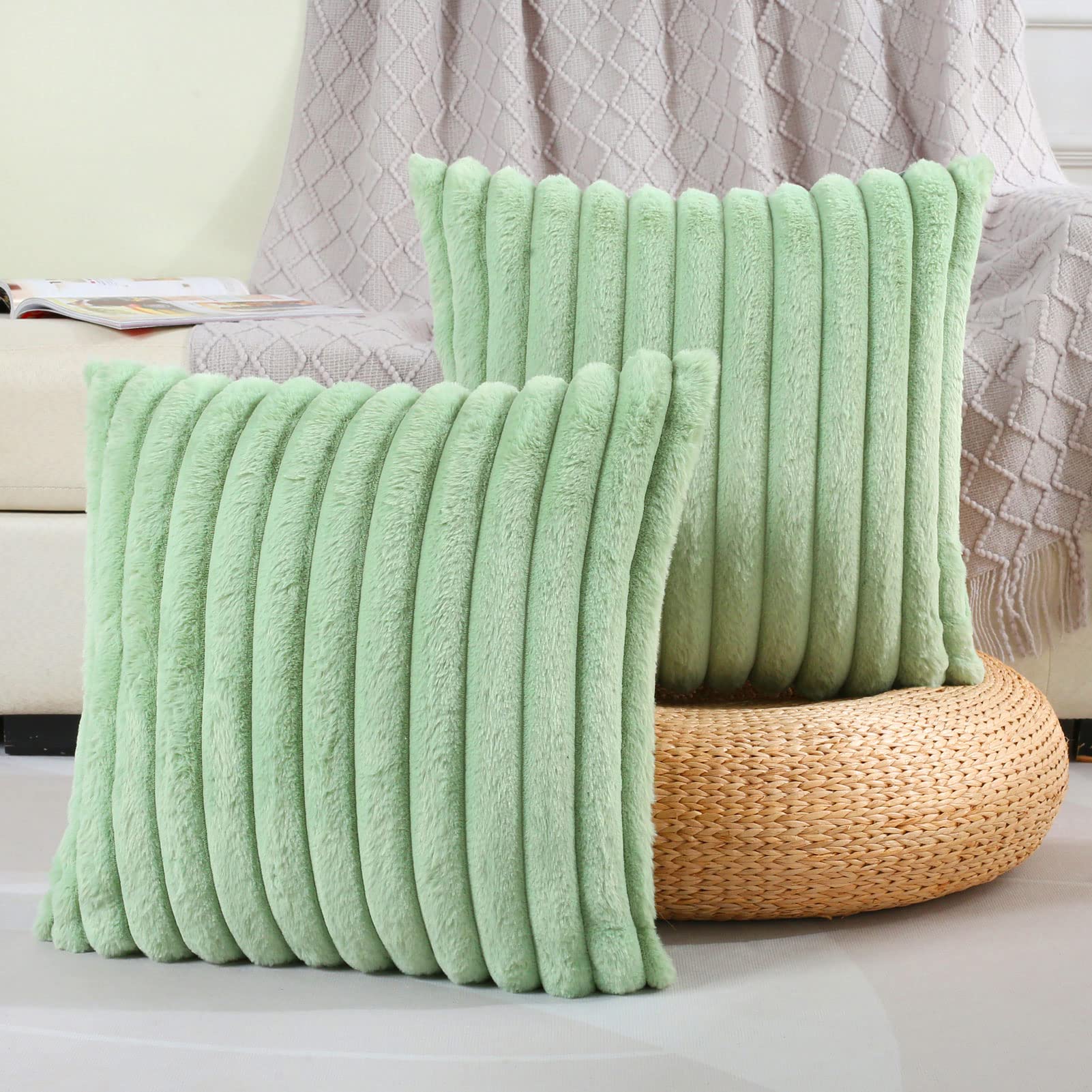 FUTEI Sage Green Throw Pillow Covers Set of 2, 14x14 Inch Striped Texture Cushion Cases with Soft Faux Rabbit Fur Front & Velvet Back, Modern Decorative Couch Pillows for Living Room