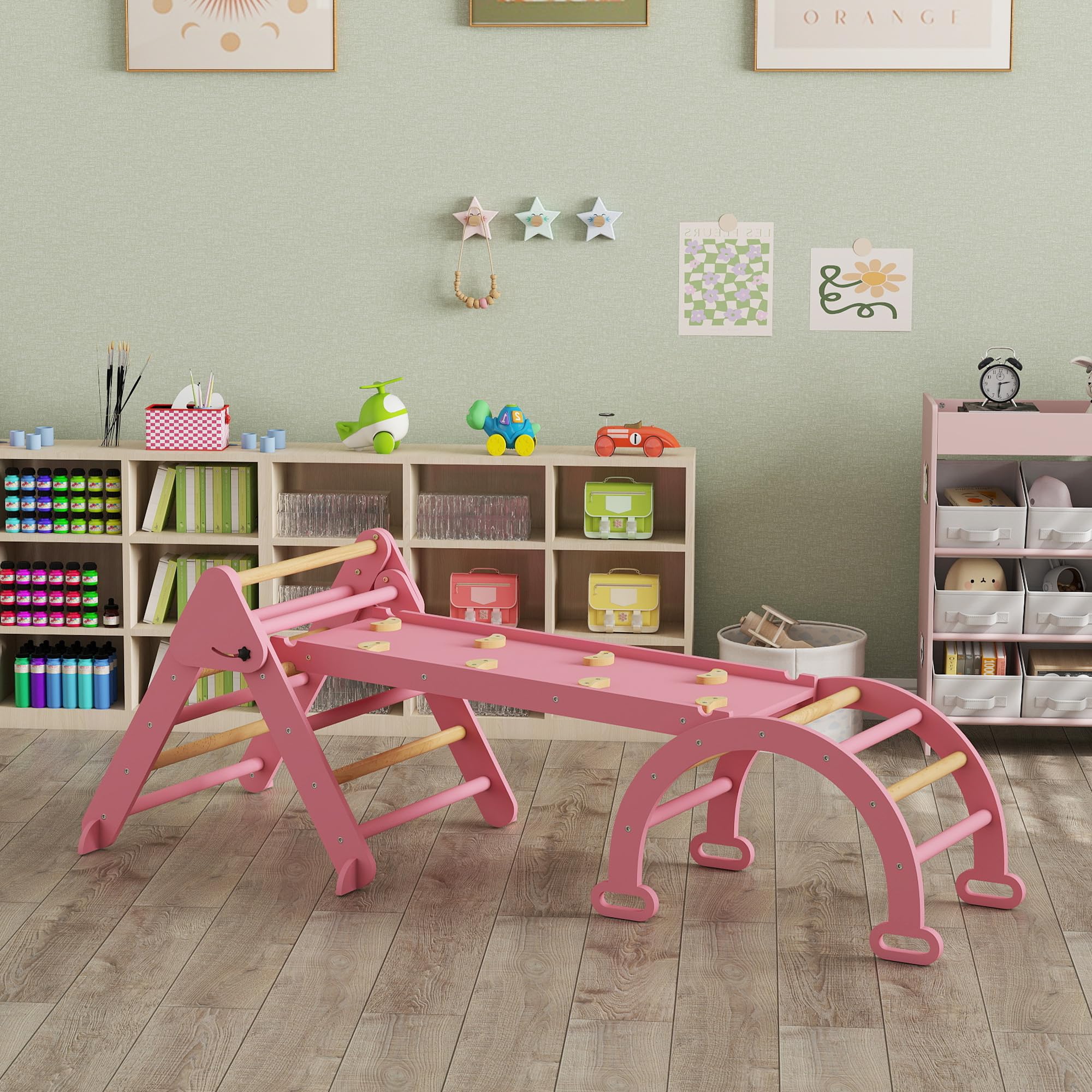 AIYAPLAY 7 en 1 Triángulo de Escalada Montessori con Arco y Rampa, Escalada para Niños de Madera Plegable, para 18-48 Meses, para Deslizarse o Escalar, 188x70 cm, Rosa