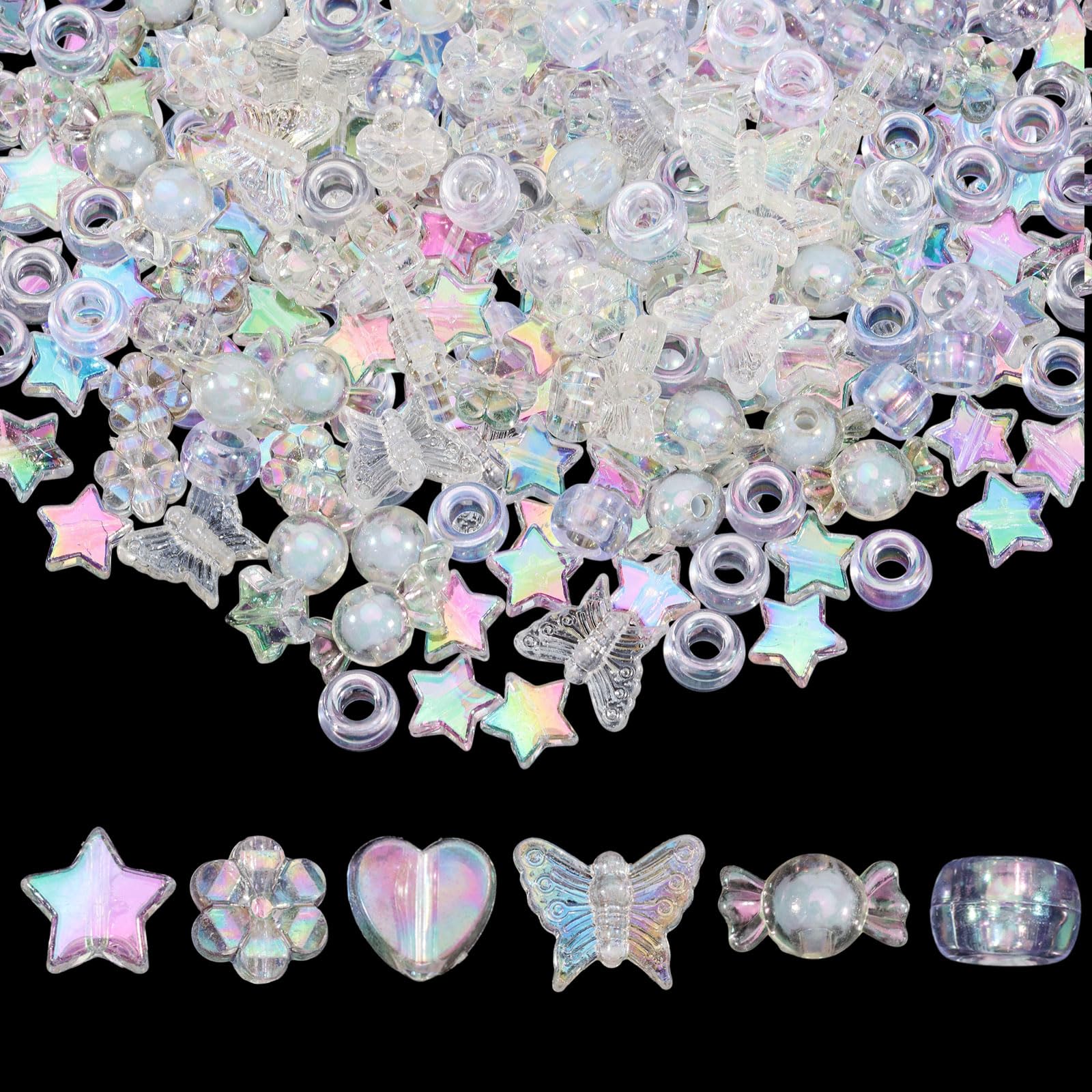 CHGCRAFT 1640 Pcs 6 Style Acrylic AB Colors Spacer Beads Candy Butterfly Flower Disc Heart Star Acrylic Beads for DIY Necklace Bracelet Earrings Keychain Crafts Jewelry Making, Mixed Color