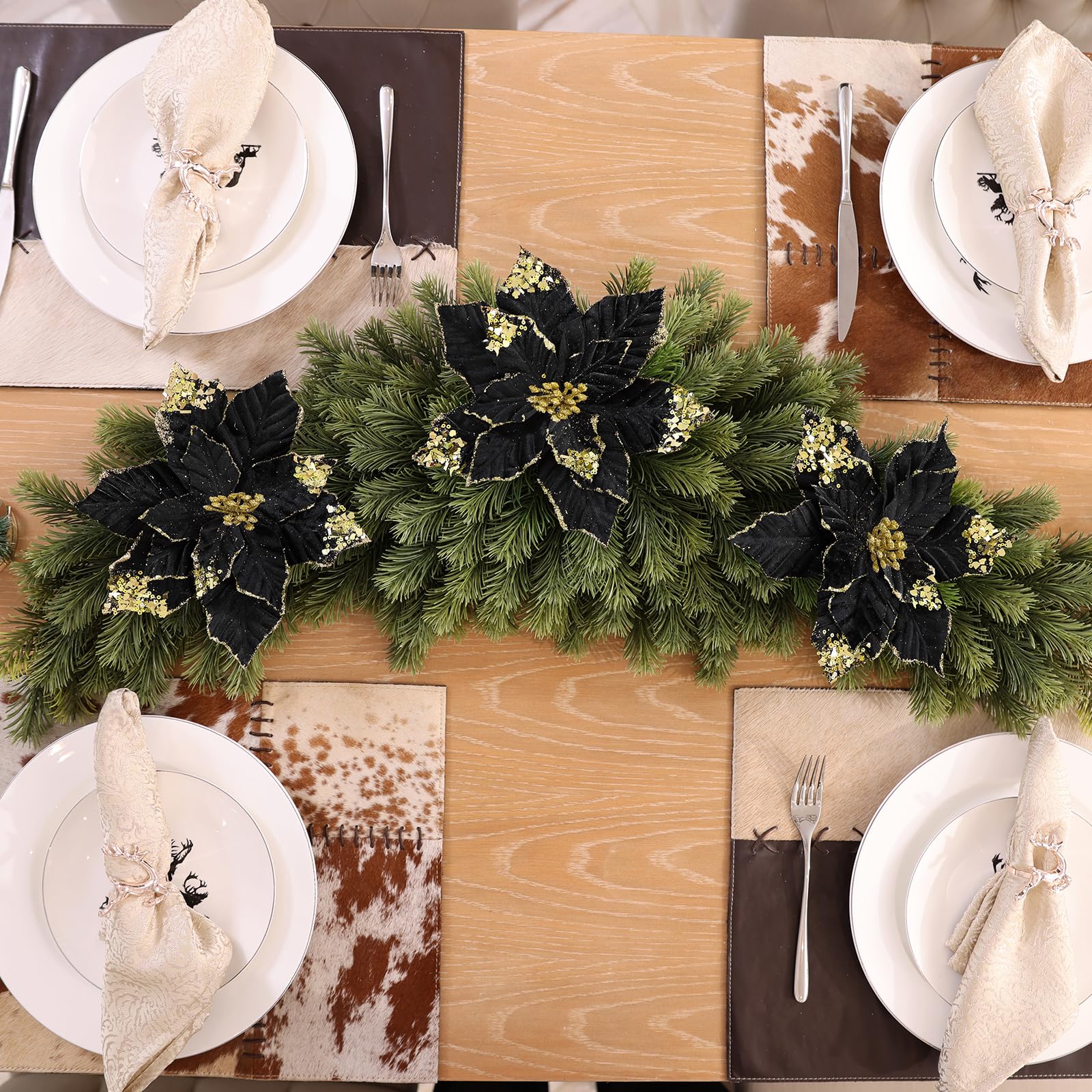 U'Artlines Lot de 12 grandes fleurs de poinsettia artificielles avec clips - 22,9 cm - Noir pailleté - Décorations de Noël pour sapin de Noël, Nouvel An, vacances, fête de mariage