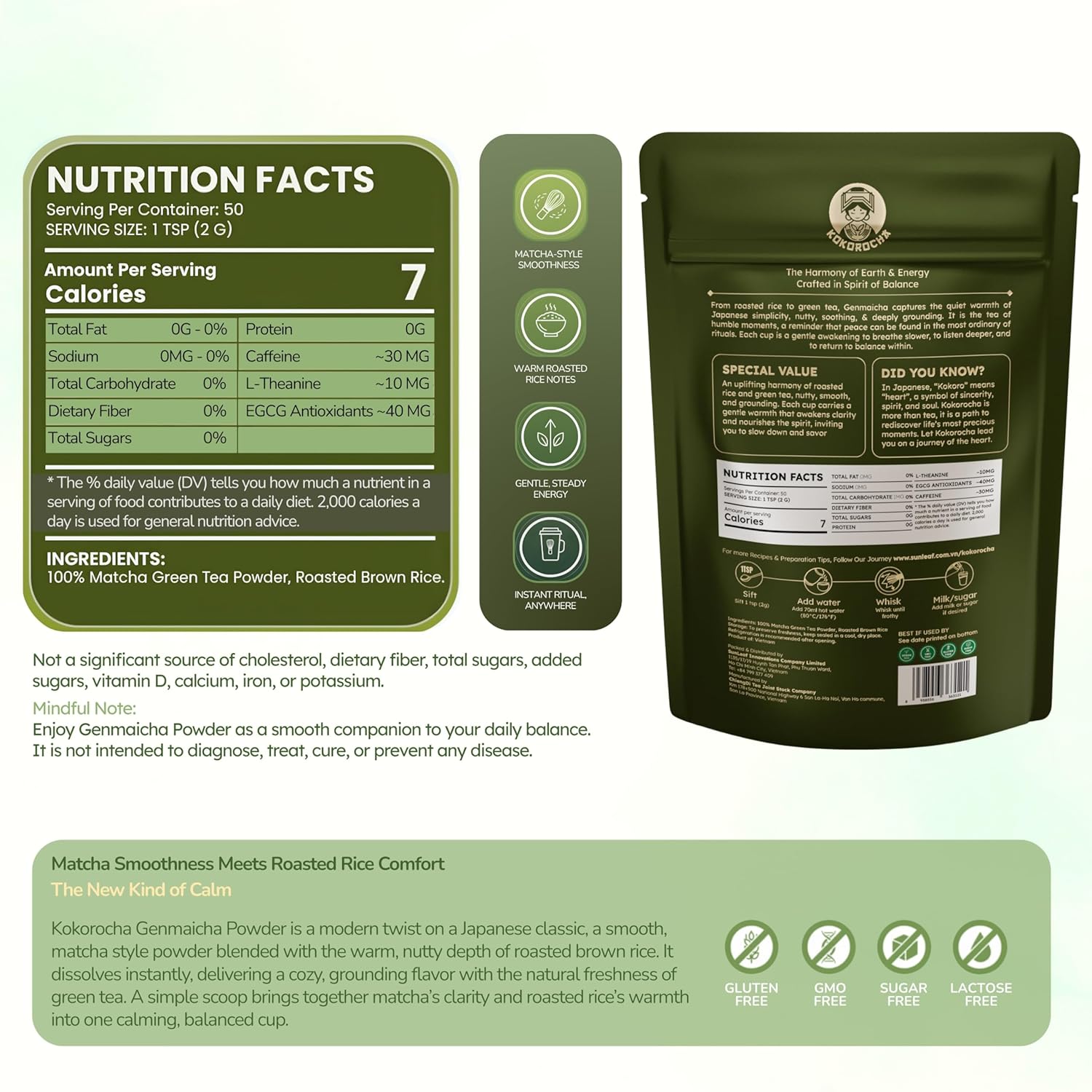 KOKOROCHA - Genmaicha Green Tea with Roasted Rice Powder 100g Pouch – Not Genmaicha Tea Bags – Smooth Nutty Flavor, Lower Caffeine, Traditional Genmai Style for Hot Teas or Iced Drinks