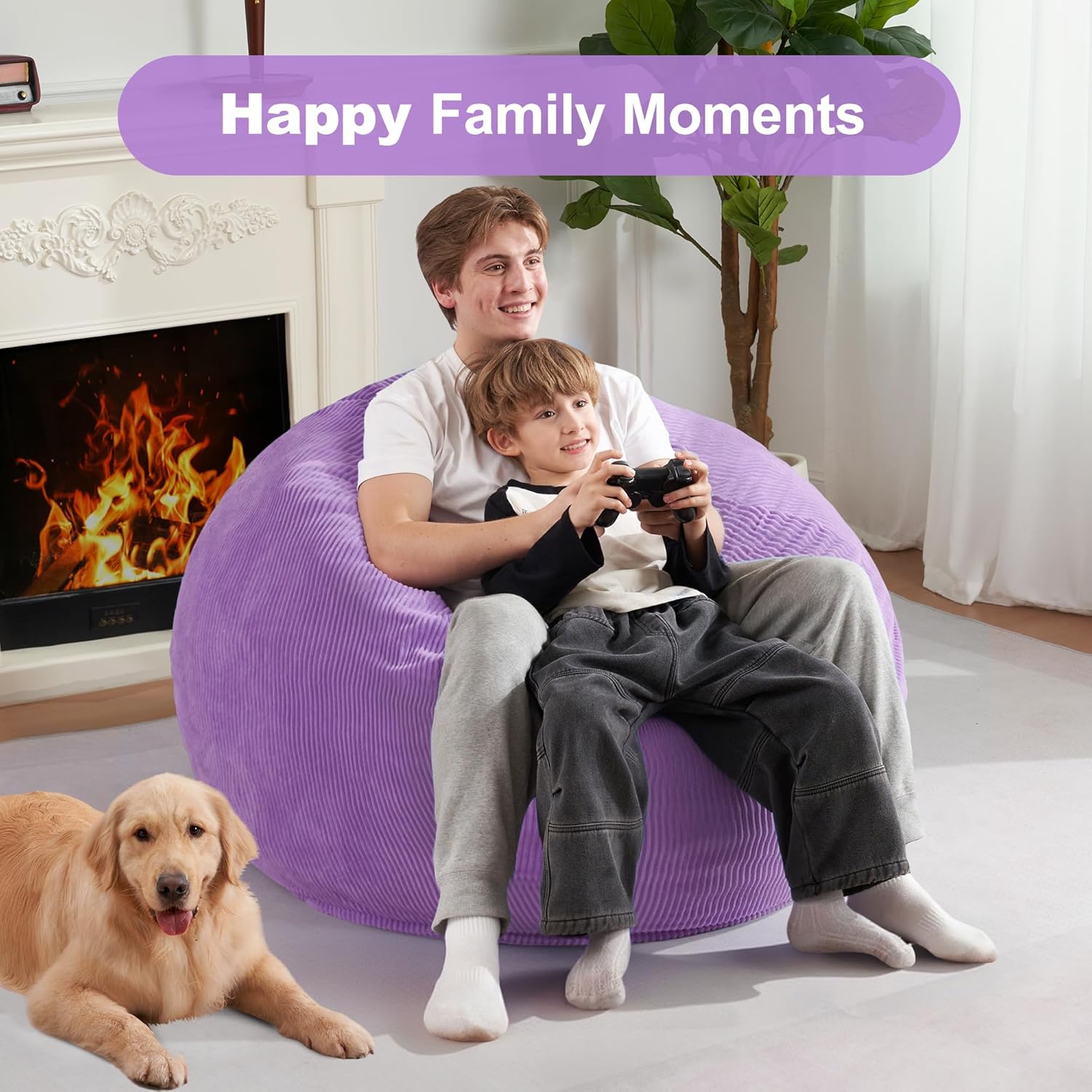 Homguava 3FT Bean Bag Chair: Teardrop Bean Bags with Memory Foam Filled, Compact Beanbag Chairs Soft Sofa with Corduroy Cover (Purple)