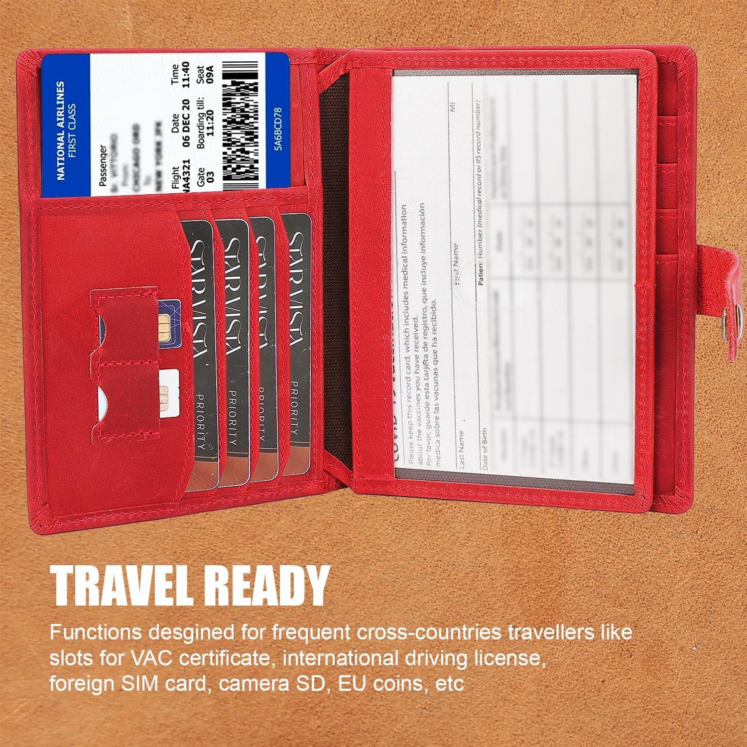 STAR VISTA Cosimo Leather Passport Holder for Exquisite Voyagers or Pilots, Transparent Windows for Travel Document & Dual IDs, RFID Blocking, 2 Passports, 2 IDs, 8 Cards, AirTag Slots, Crimson