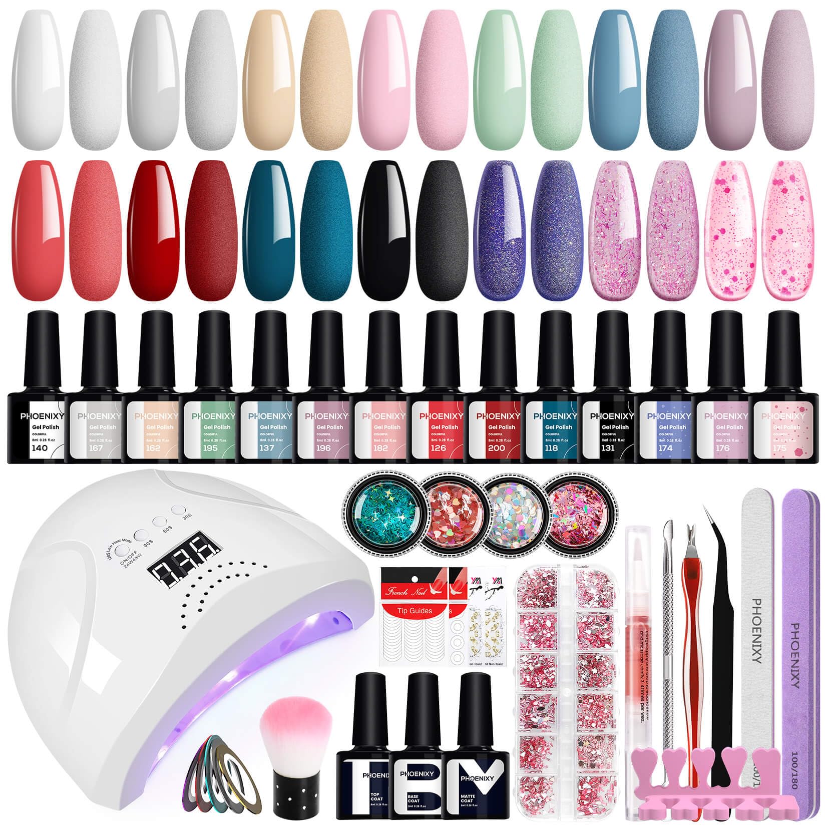 phoenixy Uñas de Gel Kit Completo 14 Colours Kit Uñas Semi-Permanent with 48 W U V/LED Lámpara Decoración de Uñas Kit Manucure para Principiantes