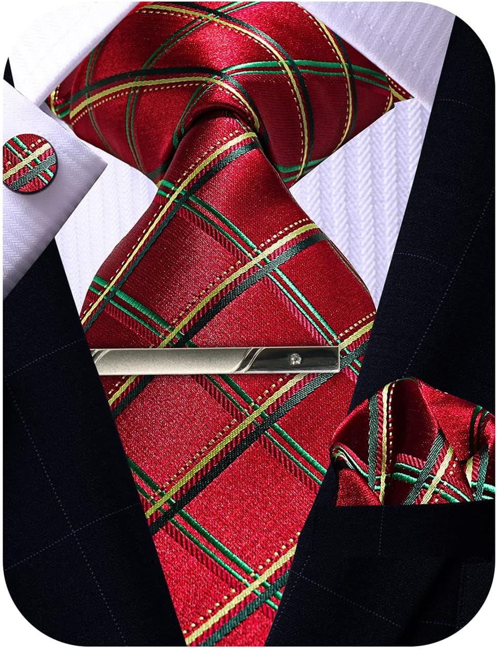 ROBERTO GABBANI Mens Silk Tie and Pocket Square Cufflinks Clip Set, Designer Woven Necktie Set for Wedding Business Prom