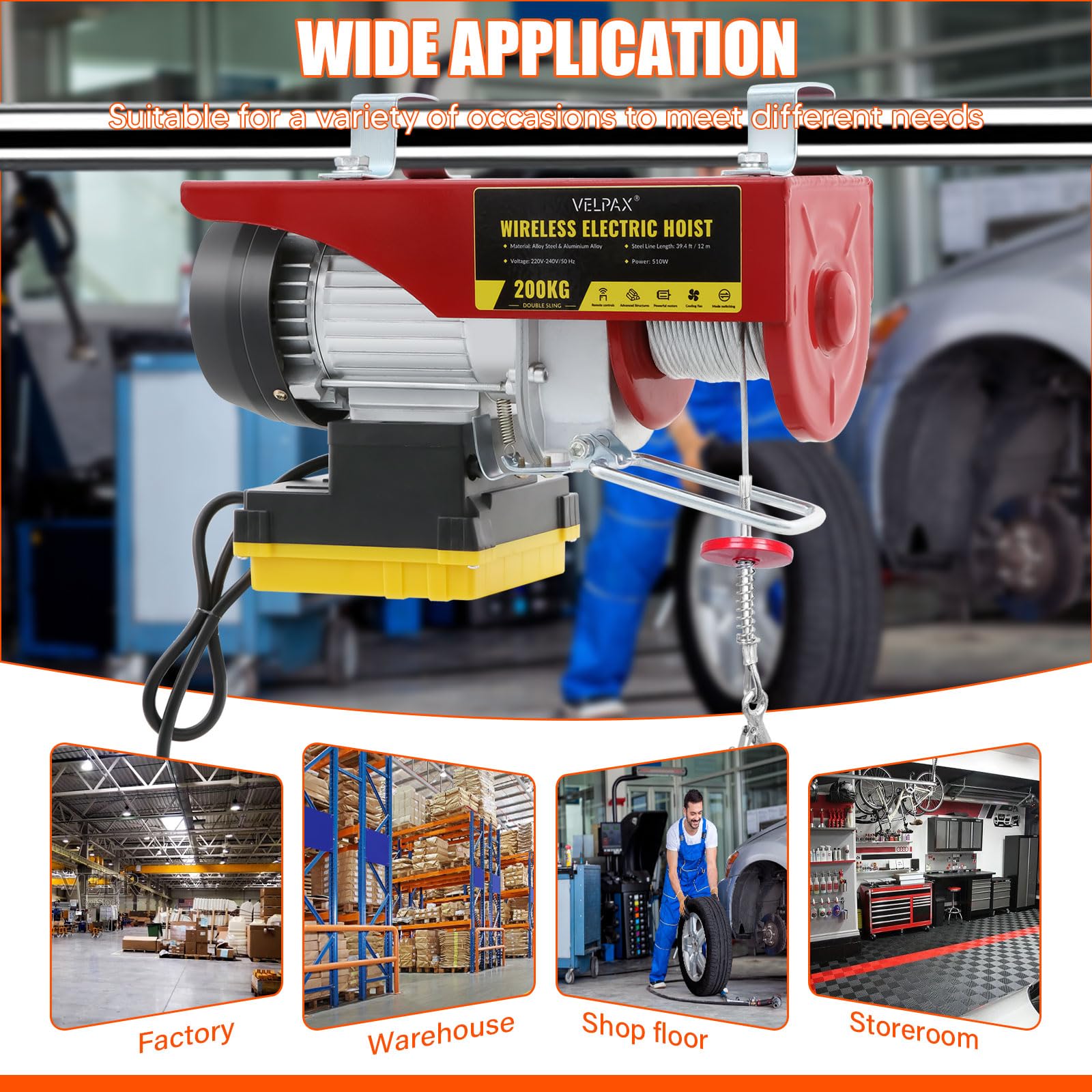 Paranco Elettrico, Capacità di Sollevamento 200 kg, Altezza di Sollevamento Elettrica 12 m, Argano Elettrico 510W, Velocità di Sollevamento 11m/min, Vericello con Radiocomando, con Puleggia e Cavo