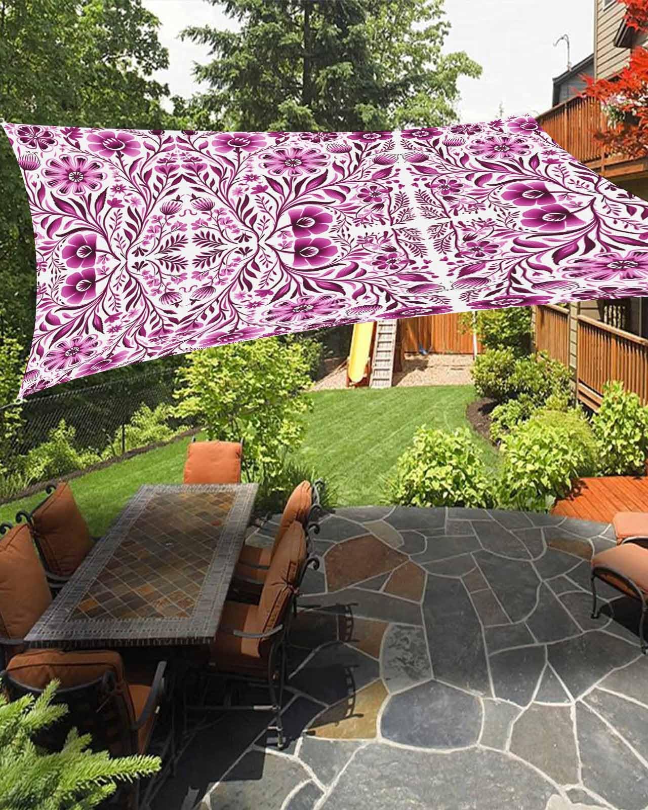 Boho Pink Flower Sun Sail Shades Rectangle Canopy,Sunlight Block Heavy Duty Curved Backyard Shade Cover,Waterproof Sun Shades for Patios Garden Outdoor,8'x10' Spring Leaves Modern Minimalist White