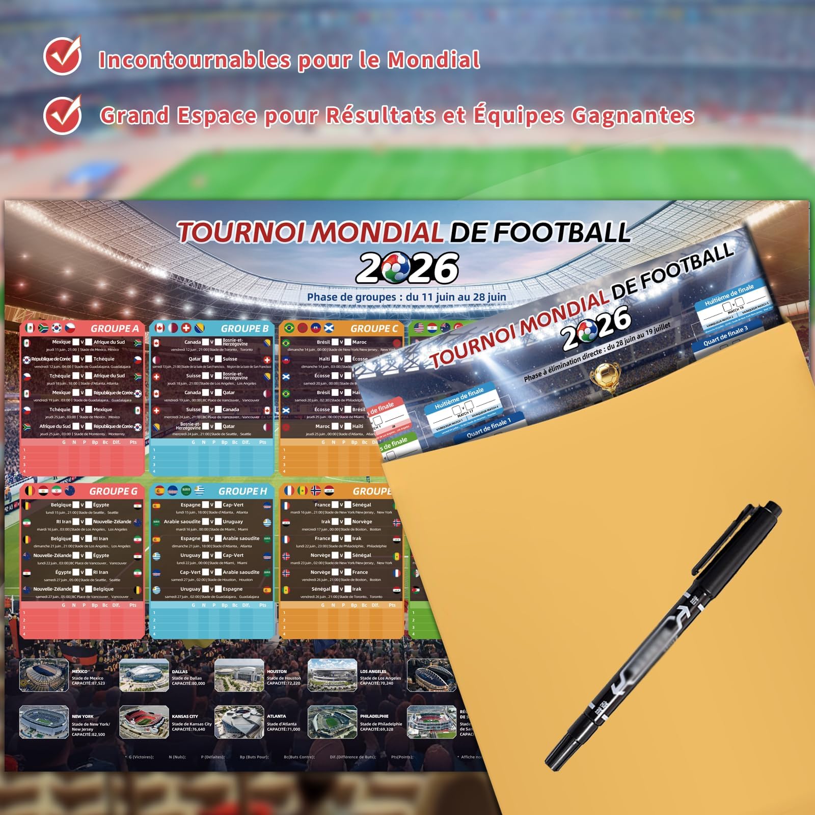 AhfuLife 2Pcs Calendrier Coupe du Monde de Football 2026, Affiche pour Coupe du Monde Decor- A2 Poster de Football- Inclure 48 Équipes Phase de Groupes et Résultats du Finale（Pliés,42 cm x 59,4 cm）