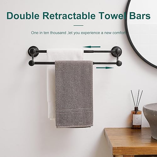Miniatura 6 de Hoimpro Toallero retráctil ajustable de acero inoxidable de 15 a 27 pulgadas, accesorios de baño, baño, hotel, barra de toalla doble, colgador de