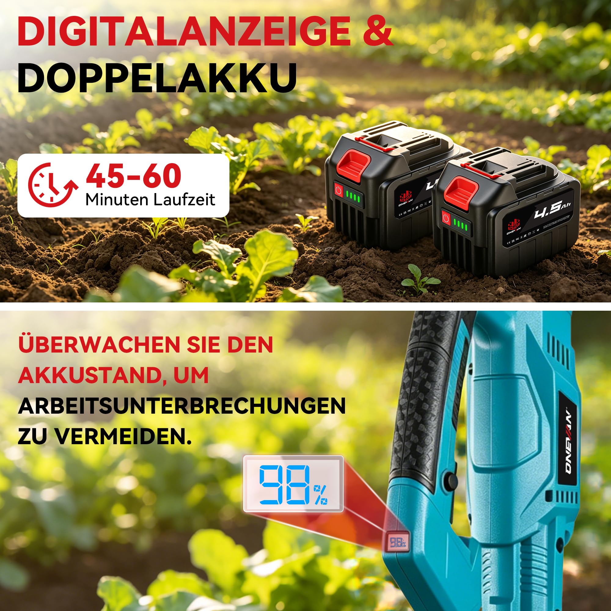 ONEVAN Motoazada Eléctrica, 600W Motor sin Escobillas, Hoja de Acero Grande | Profundidad de 24 cm y anchura de 23 cm, mango ajustable, 2 x 4.5 Ah baterías autonomía de 60 minutos, apto para suelos duros