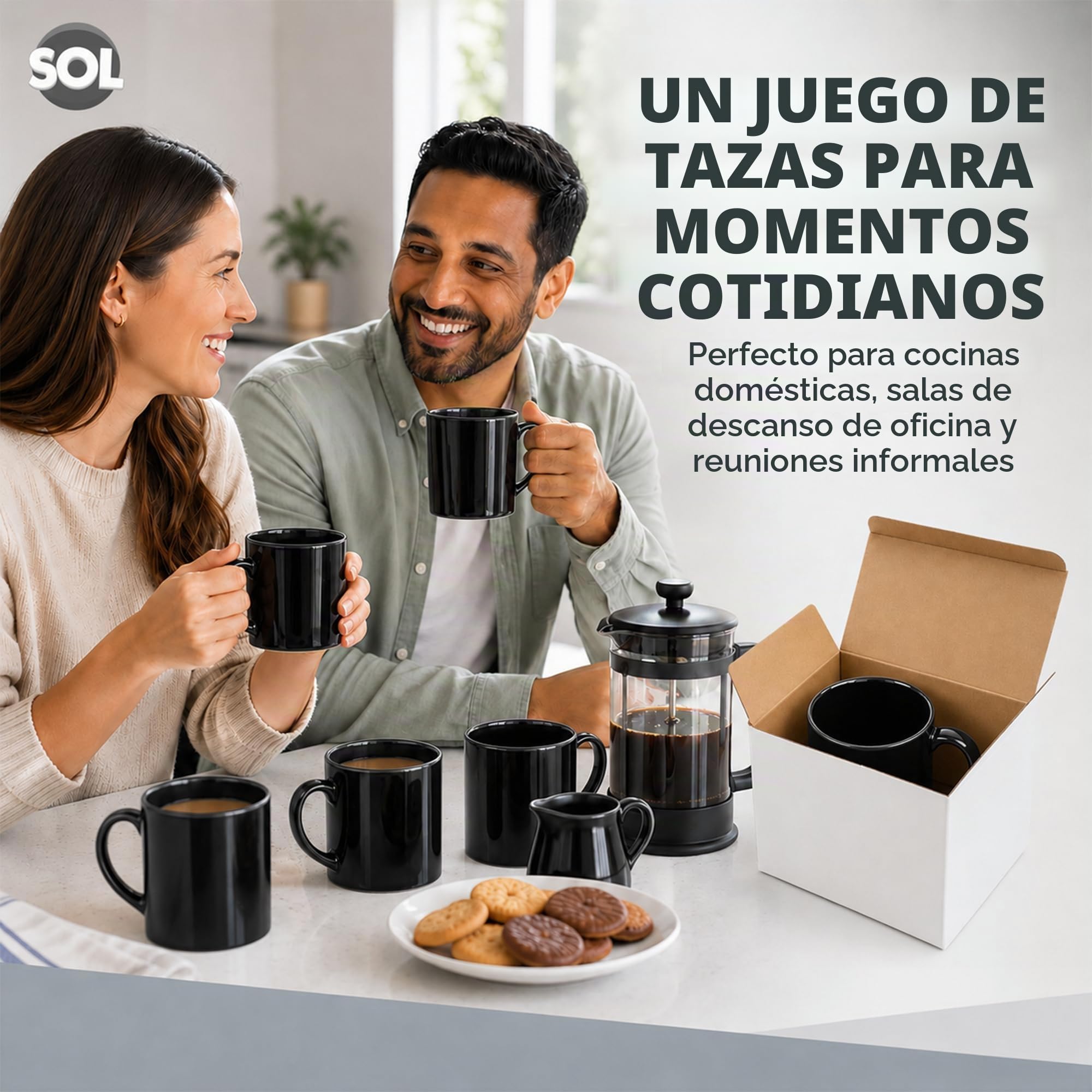 SOL Juego de 12 tazas de cerámica negras de 11 onzas para té y café, juego de vasos duraderos para el hogar, oficina, cafetería, restaurante, diseño apilable, apto para microondas y lavavajillas, apto