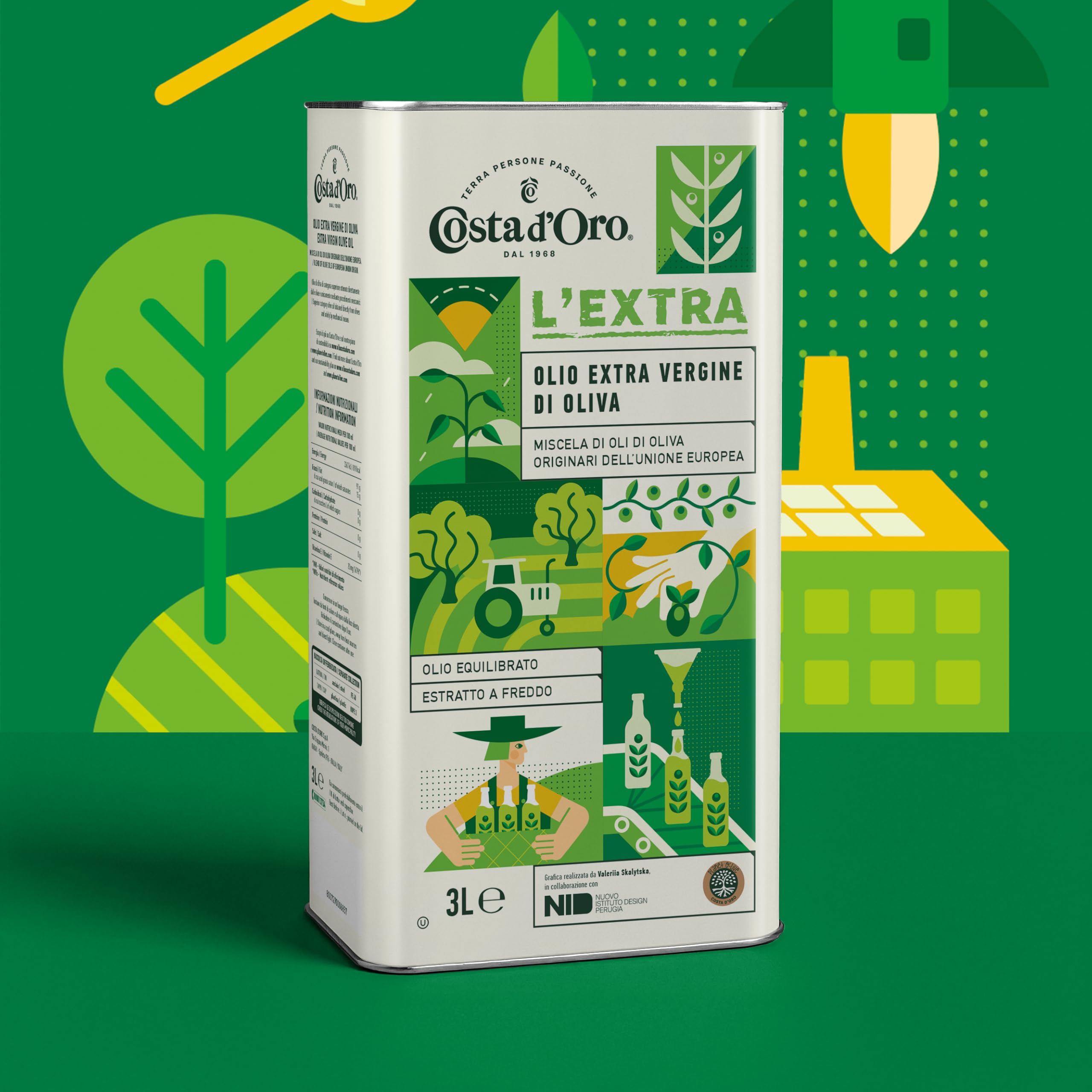 Costa d’Oro – L’Extra Limited Edition 3 L. Olio extravergine di oliva estratto a freddo, adatto a tutte le ricette. Progetto realizzato in collaborazione con NID – Nuovo Istituto Design Perugia.
