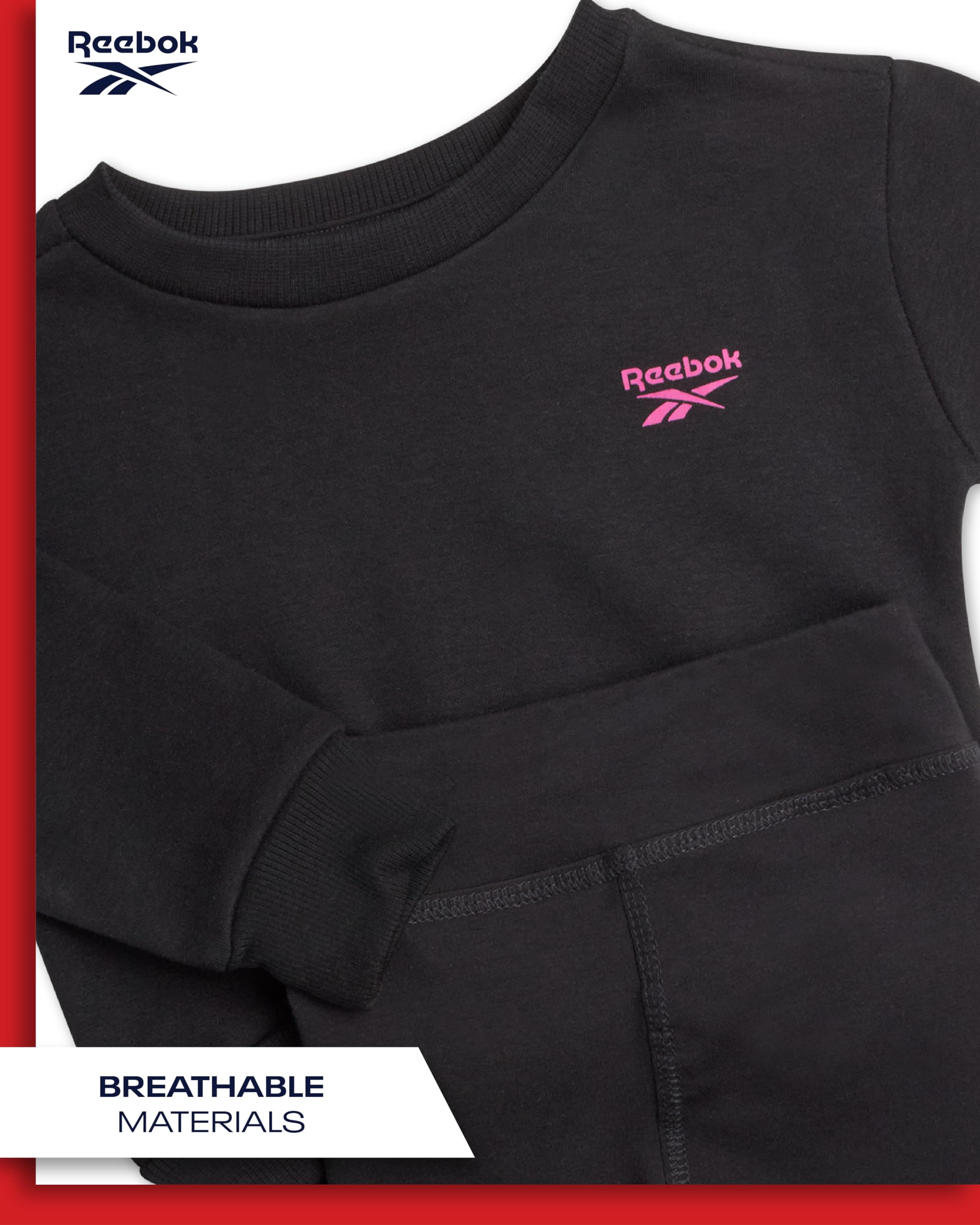 Reebok Set di pantaloni per bambine – 2 pezzi felpa girocollo in pile e leggings per bambine e bambine