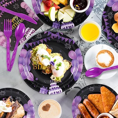 Miniatura 4 de Juego de vajilla de 168 piezas de suministros para fiesta de cumpleaños morados y negros, platos, cuchillos, tenedores, cucharas, tazas y