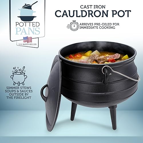 Miniatura 5 de Potted Pans Olla de caldero  Caldero de hierro fundido de brujas presazonadas de 10 cuartos de galón para cocinar fogatas  Potjie africano de 3
