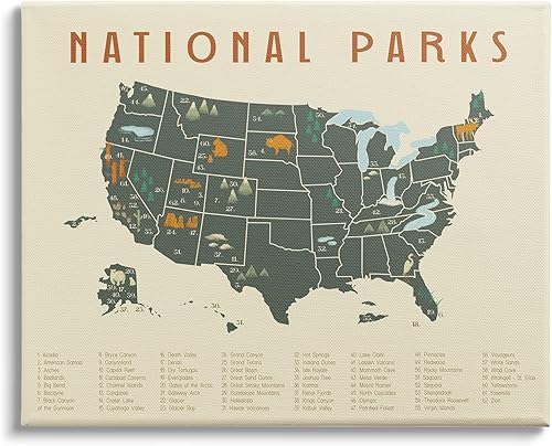 Stupell Industries Mapa de aventuras de parques nacionales de Estados Unidos, verde y naranja, diseñado por Daphne Polselli, lienzo para pared, 30 x