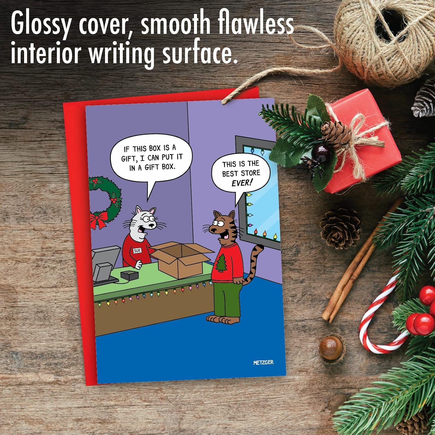 NobleWorks - Merry Christmas Greeting Card (4.63 x 6.75 Inch) Cartoon Xmas Stationery Notecard - Best Store Ever C9500XSG image 3