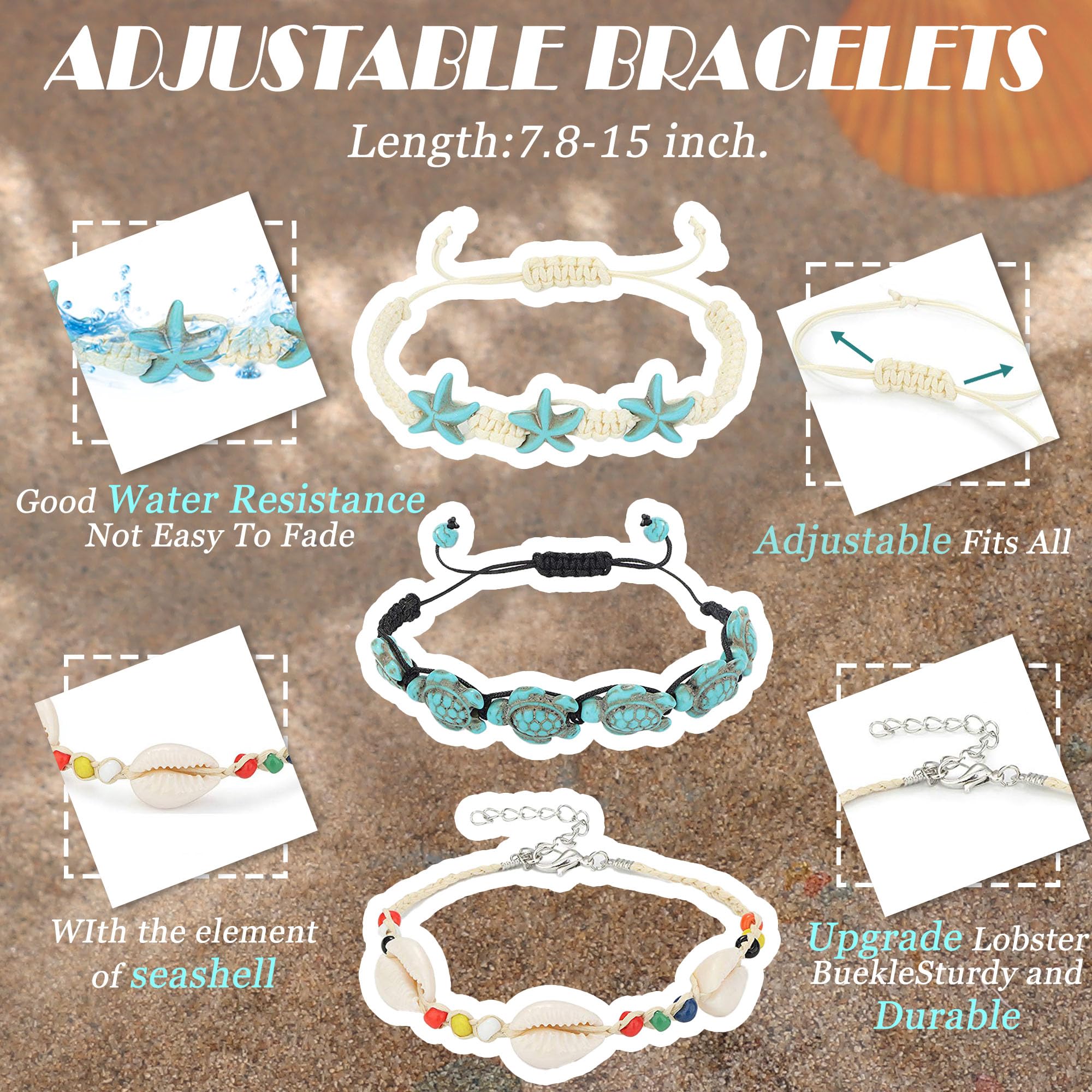Tobillera de tortuga de concha hecha a mano, bohemia, ajustable, natural, cauri, playa, cuentas, para mujer, 10 unidades, Cuerda trenzada 2