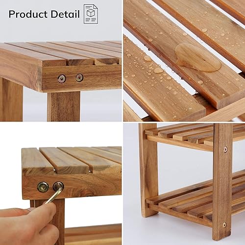 Miniatura 5 de Zapatero de madera natural, bancos de asientos de patio con 3 niveles de almacenamiento, organizador de zapatos para spa, sauna, ducha, baño