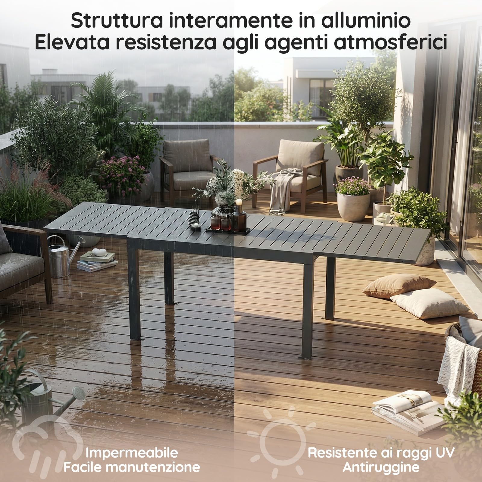 Devoko Tavolo da giardino, allungabile, 80/160 X 80 X 75 Cm, piccolo tavolo allungabile, alluminio, per balcone, resistente alle intemperie, allungabile, tavolo da pranzo per esterni, Grigio scuro